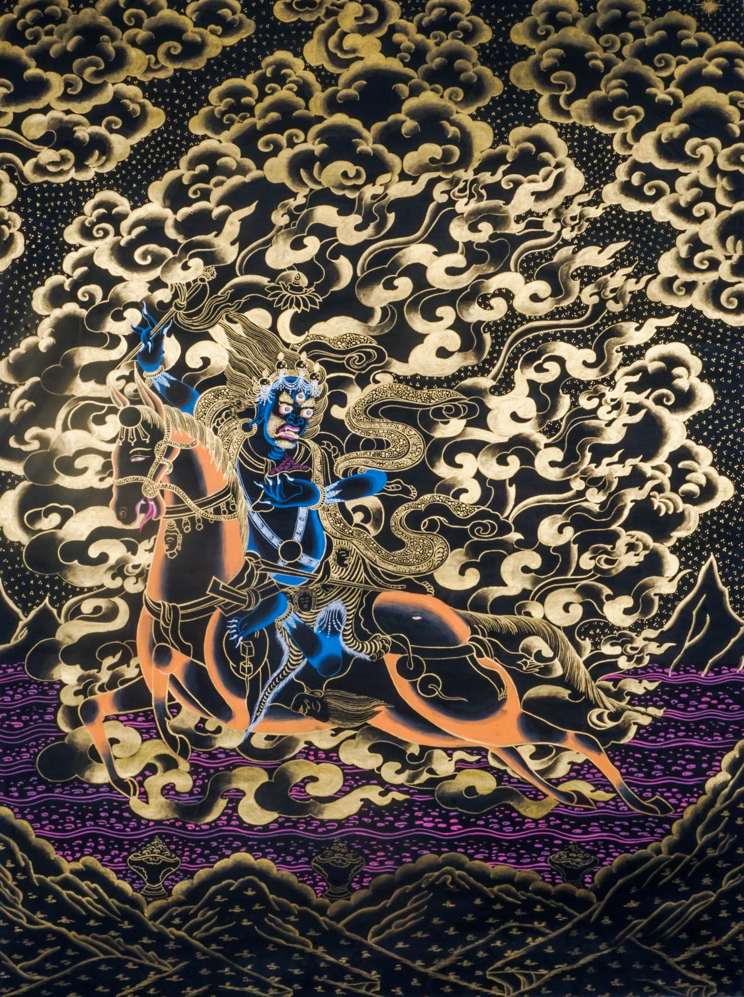 Palden Lhamo is a fierce protector deity in Tibetan Buddhism, symbolizing strength and the safeguarding of the Dharma. This vibrant Thangka, crafted with traditional techniques and gold leaf, captures her powerful energy and serves as a potent focus for meditation and spiritual protection in any sacred space.