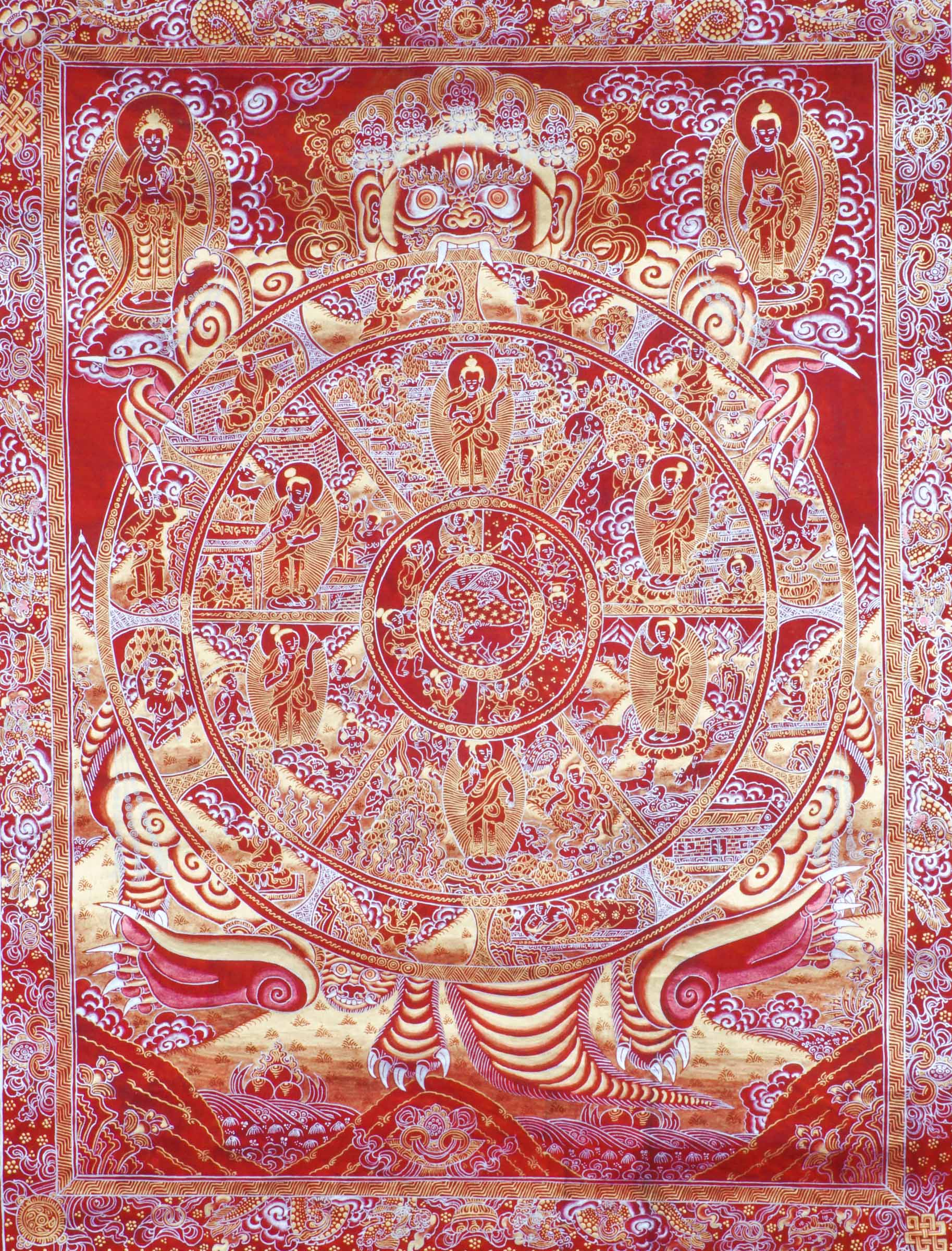 Red, gold and silver Art of Wheel of life Thangka painting
