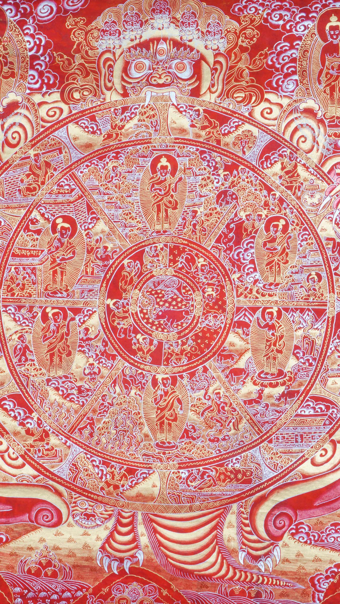 Red, gold and silver Art of Wheel of life Thangka painting