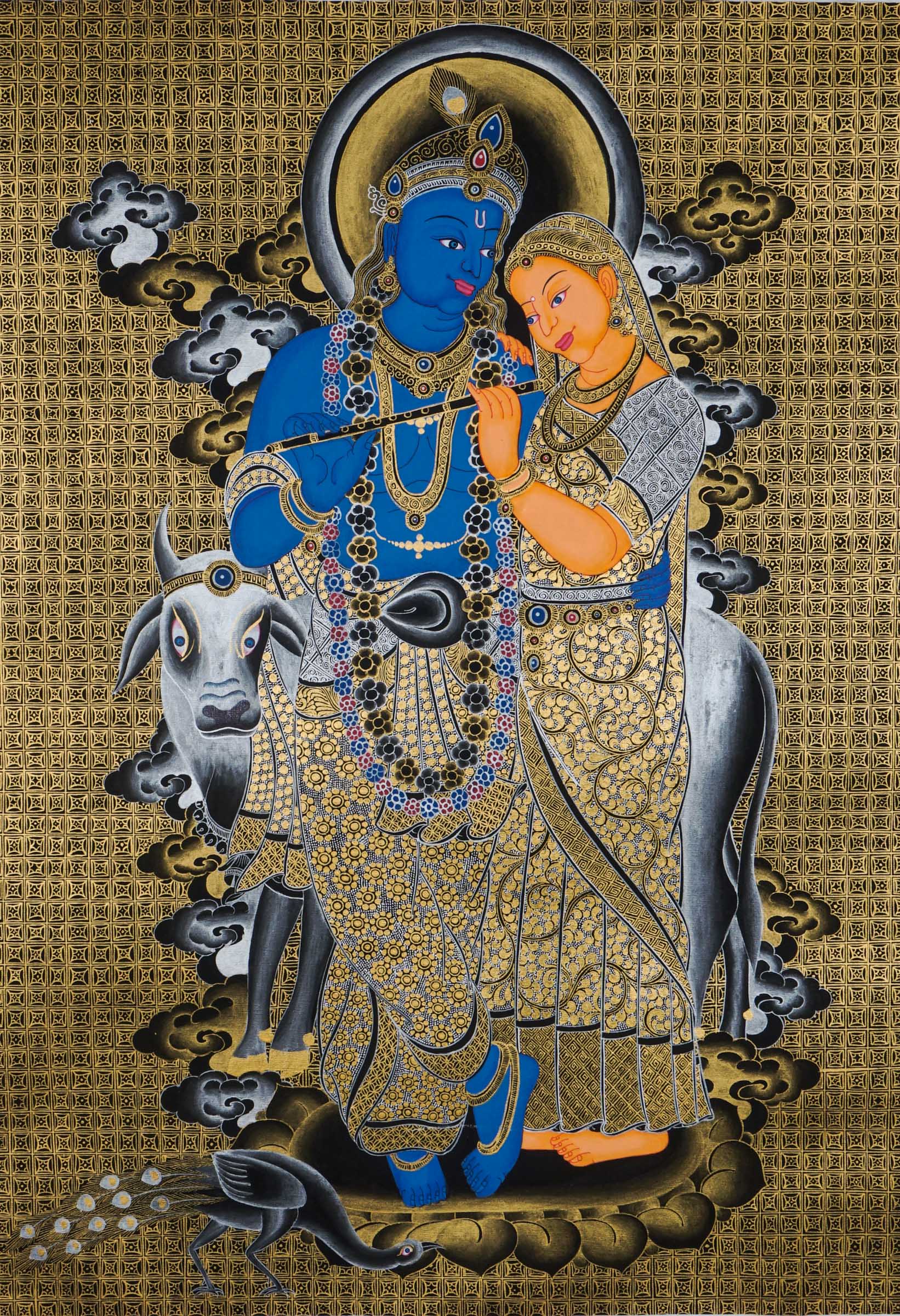 Radha Krishna Thangka - a hand-painted art beautifully portraying the eternal bond of love and spiritual unity between Lord Krishna and Radha.