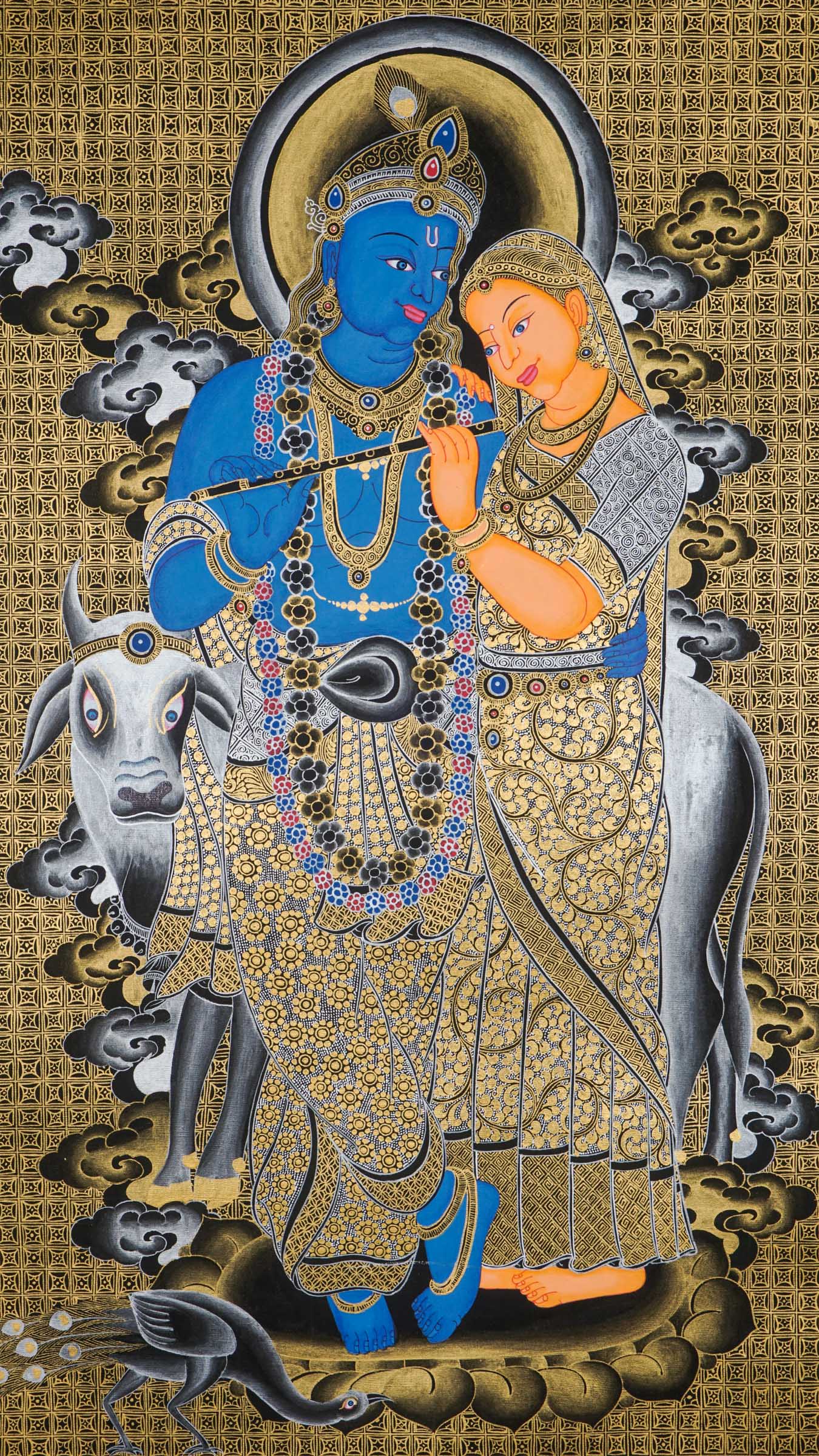 Radha Krishna Thangka - a hand-painted art beautifully portraying the eternal bond of love and spiritual unity between Lord Krishna and Radha.