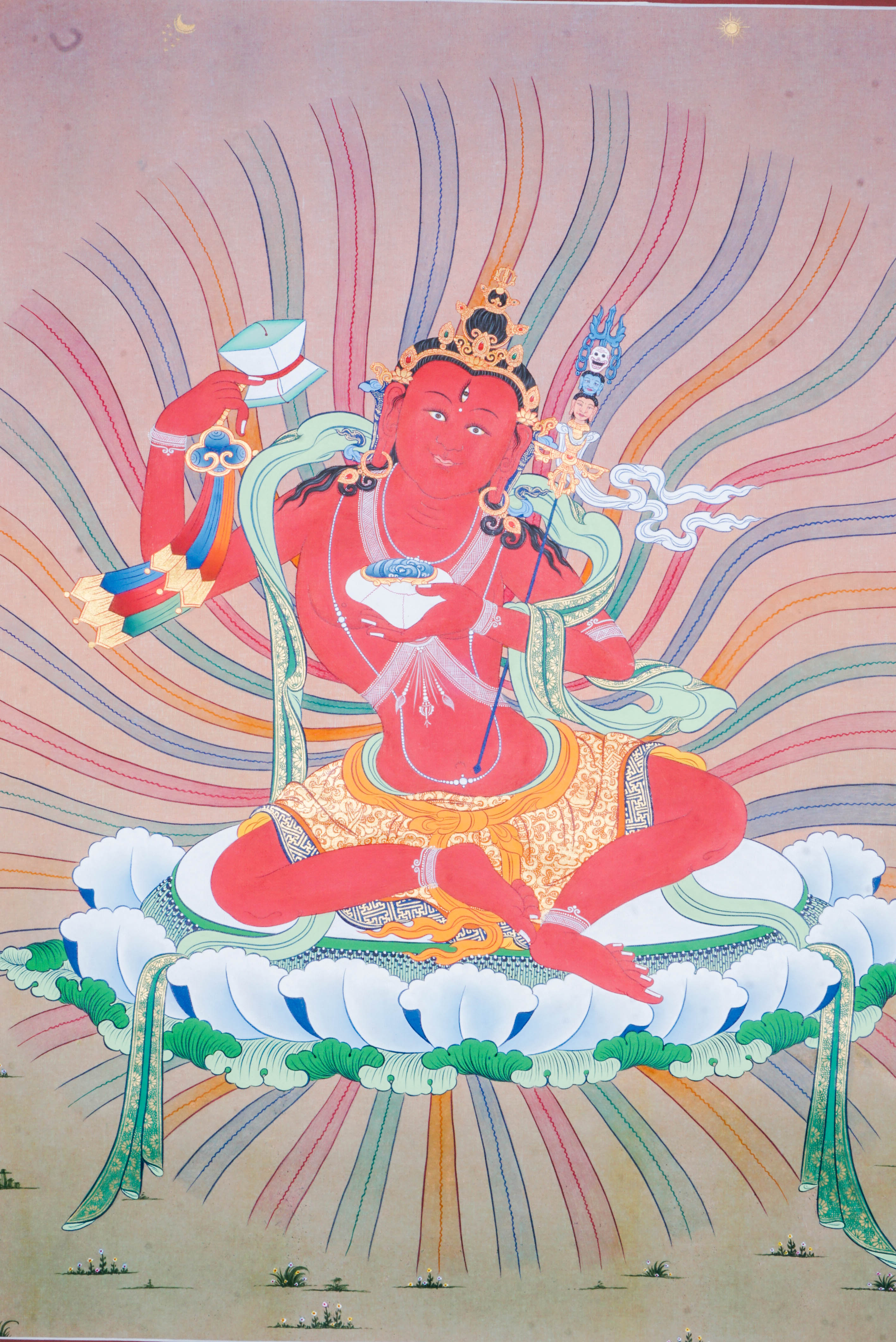 Hand-painted Guru Padmasambhava thangka artwork featuring traditional Tibetan Buddhist iconography, red deity figure, lotus seat, and detailed ceremonial elements.