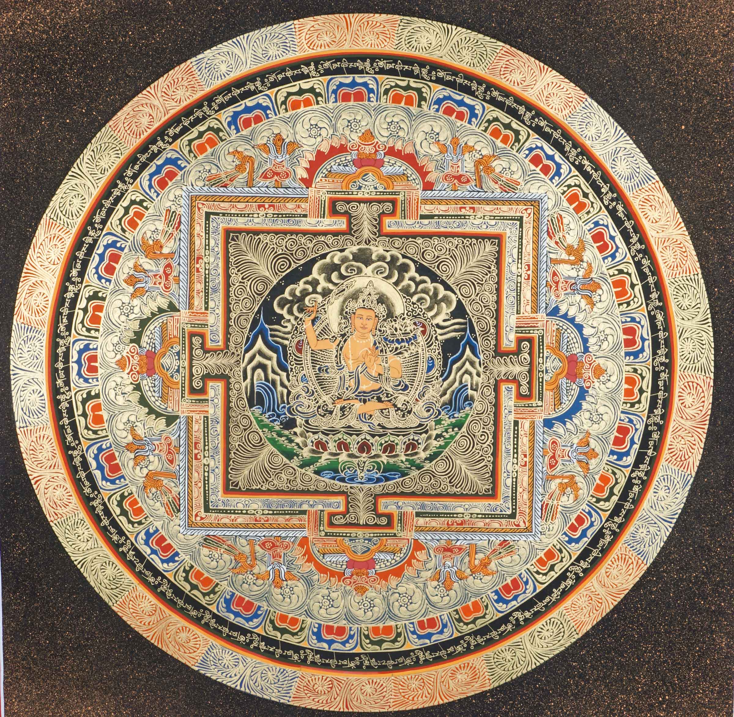 A beautifully hand-painted artwork of mandala mandala using 24k gold and natural pigments showcasing Manjushree in the center.