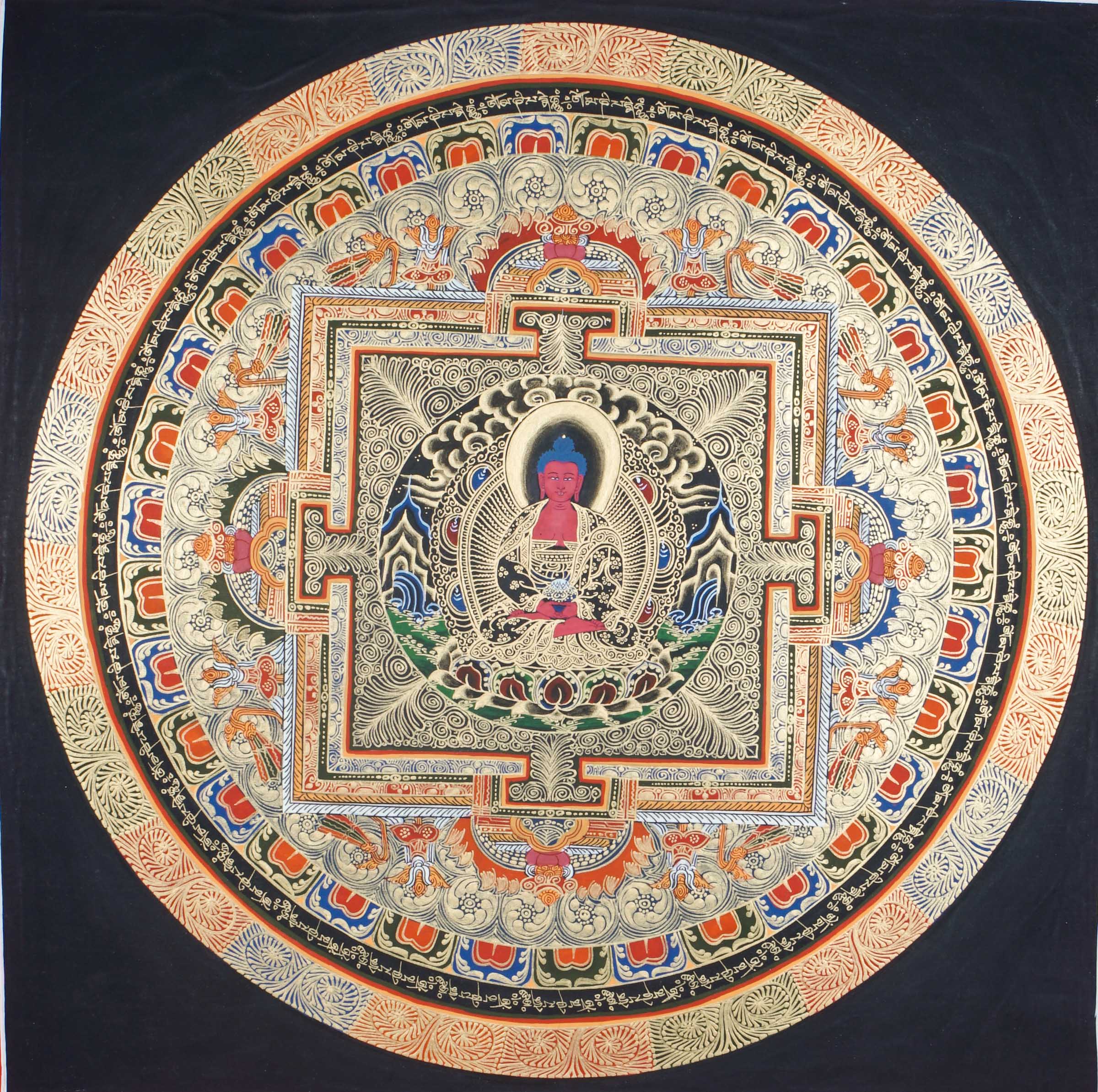 A Round Mandala with Amitabha buddha - a sacred geometric design central to Buddhist tradition, symbolizing the universe.