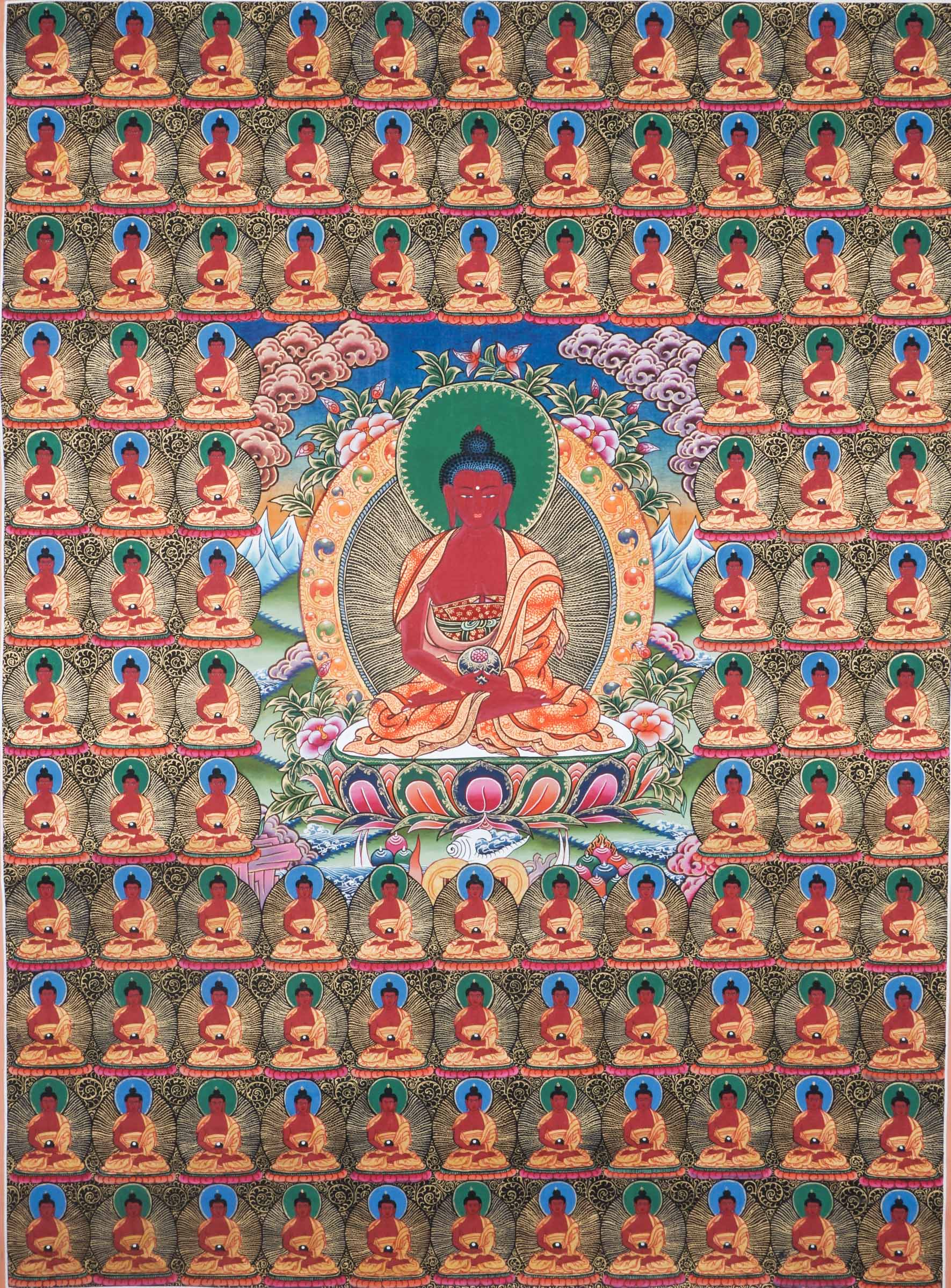 Hand-painted Tibetan Thangka depicting the 108 Buddhas mandala, with a central seated Buddha surrounded by repeated Buddha figures, symbolizing compassion, wisdom, and enlightenment in Mahayana and Vajrayana Buddhism.