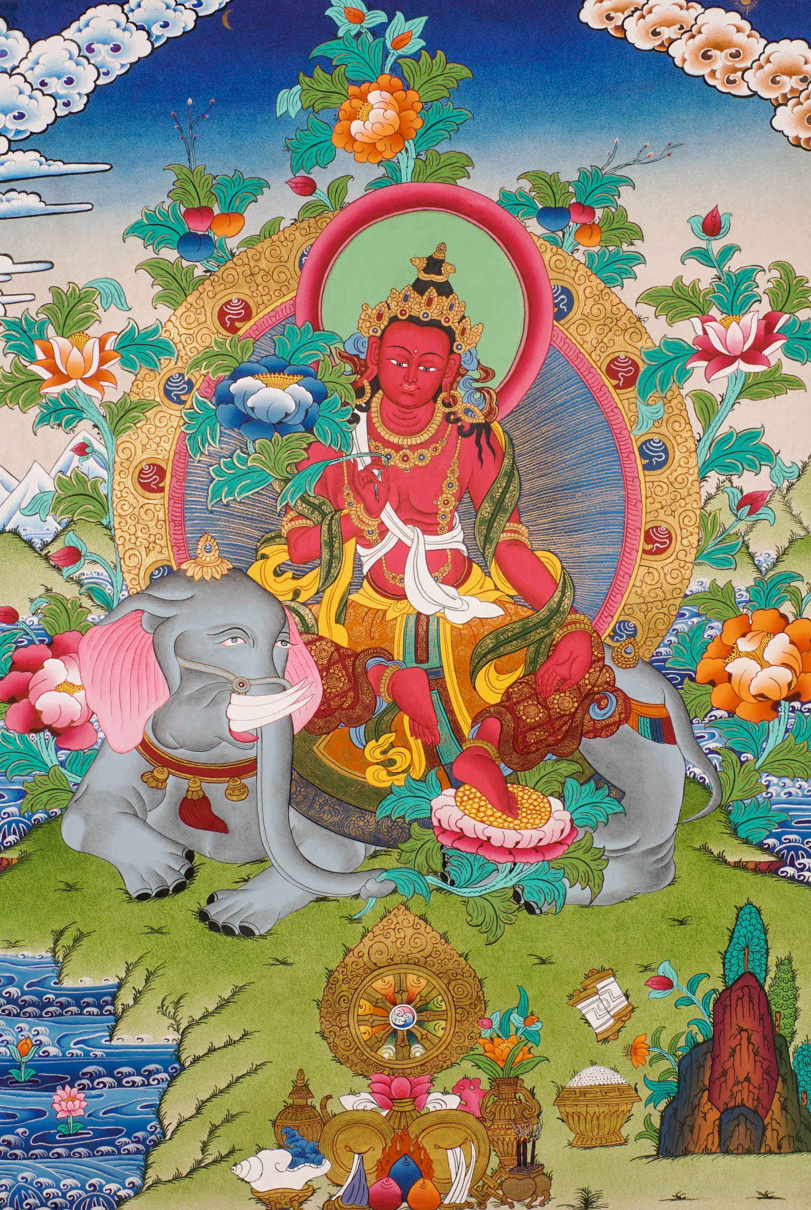 Hand-painted Fusen Fusa thangka showing Bodhisattva seated on elephant with lotus throne, detailed 24k gold ornaments and vibrant floral background.