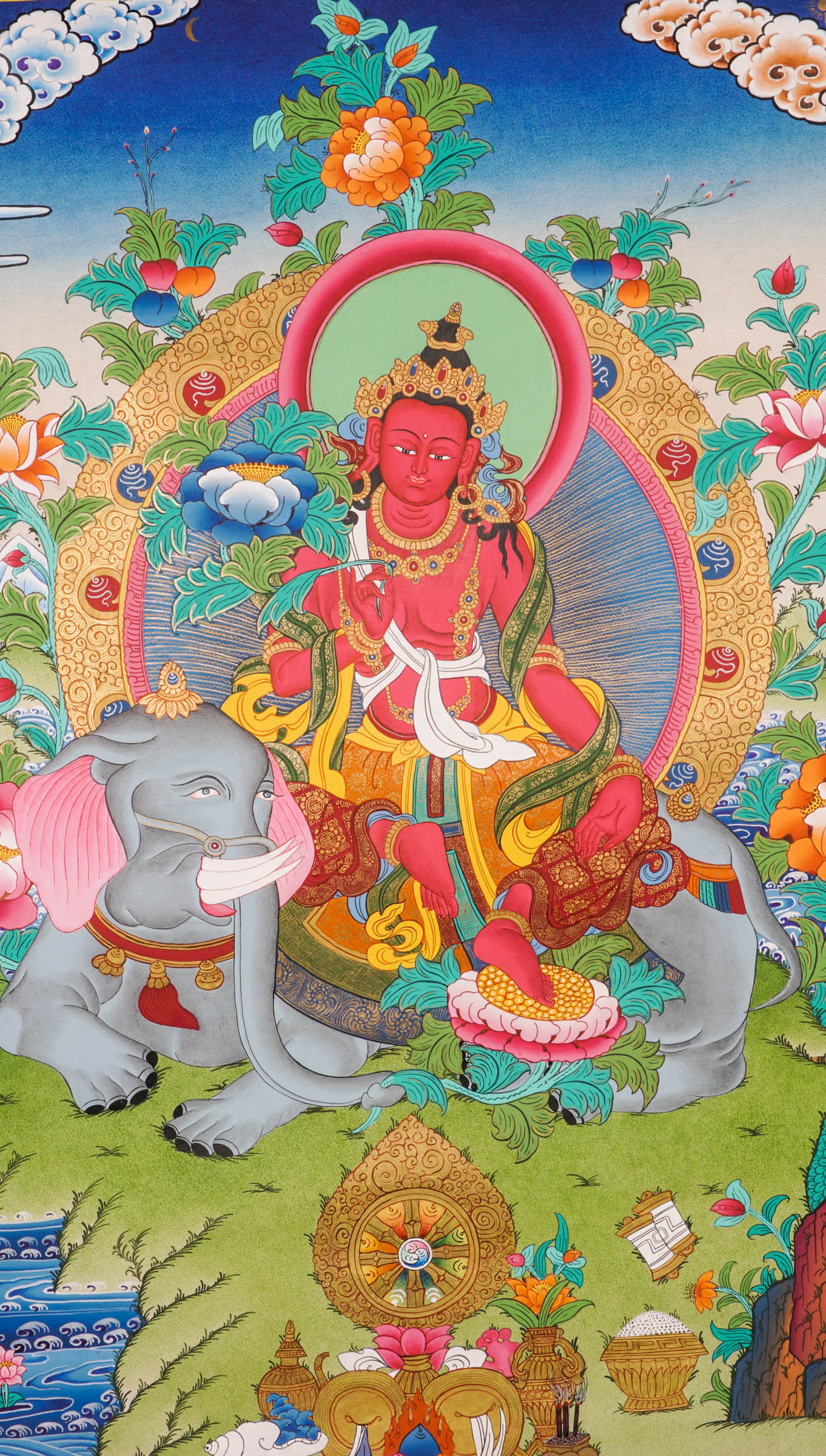 Hand-painted Fusen Fusa thangka showing Bodhisattva seated on elephant with lotus throne, detailed 24k gold ornaments and vibrant floral background.