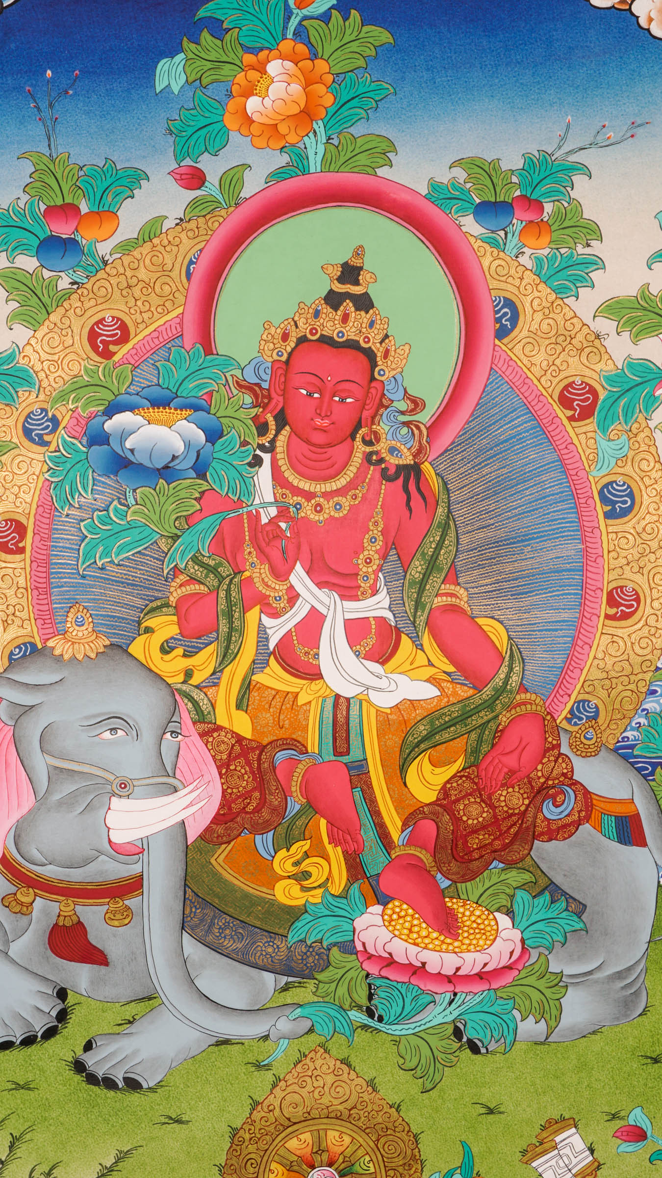 Hand-painted Fusen Fusa thangka showing Bodhisattva seated on elephant with lotus throne, detailed 24k gold ornaments and vibrant floral background.