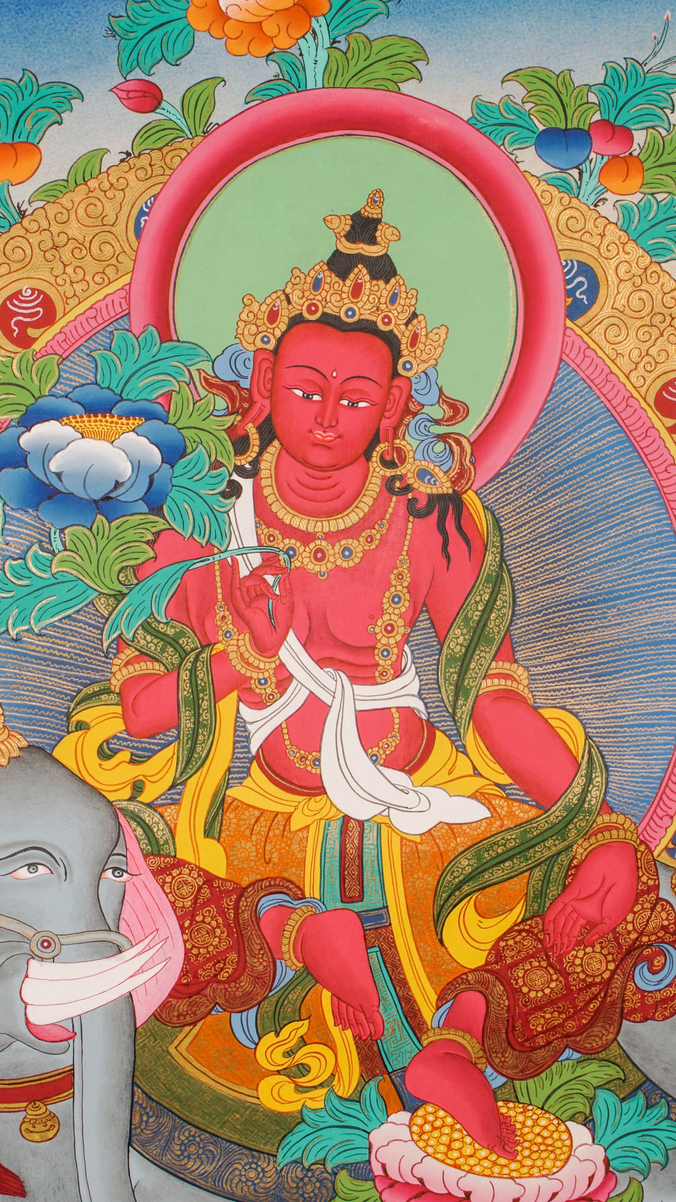 Hand-painted Fusen Fusa thangka showing Bodhisattva seated on elephant with lotus throne, detailed 24k gold ornaments and vibrant floral background.