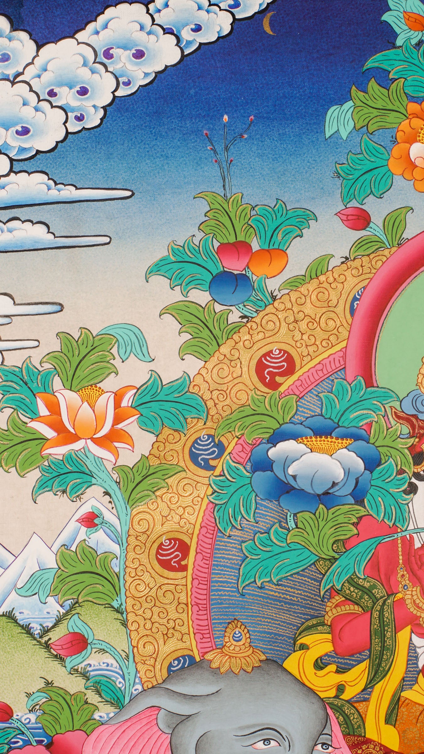 Hand-painted Fusen Fusa thangka showing Bodhisattva seated on elephant with lotus throne, detailed 24k gold ornaments and vibrant floral background.