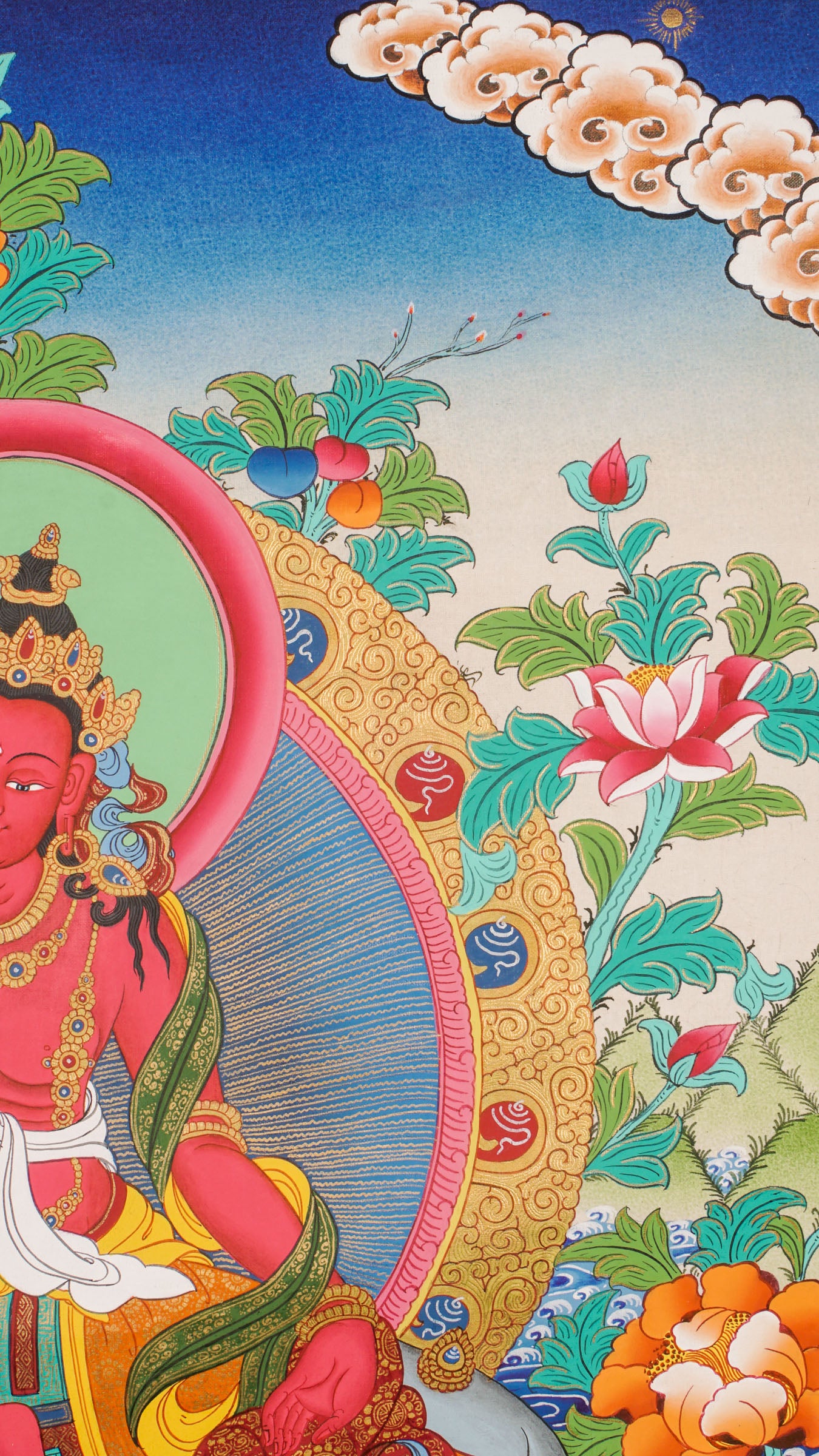 Hand-painted Fusen Fusa thangka showing Bodhisattva seated on elephant with lotus throne, detailed 24k gold ornaments and vibrant floral background.