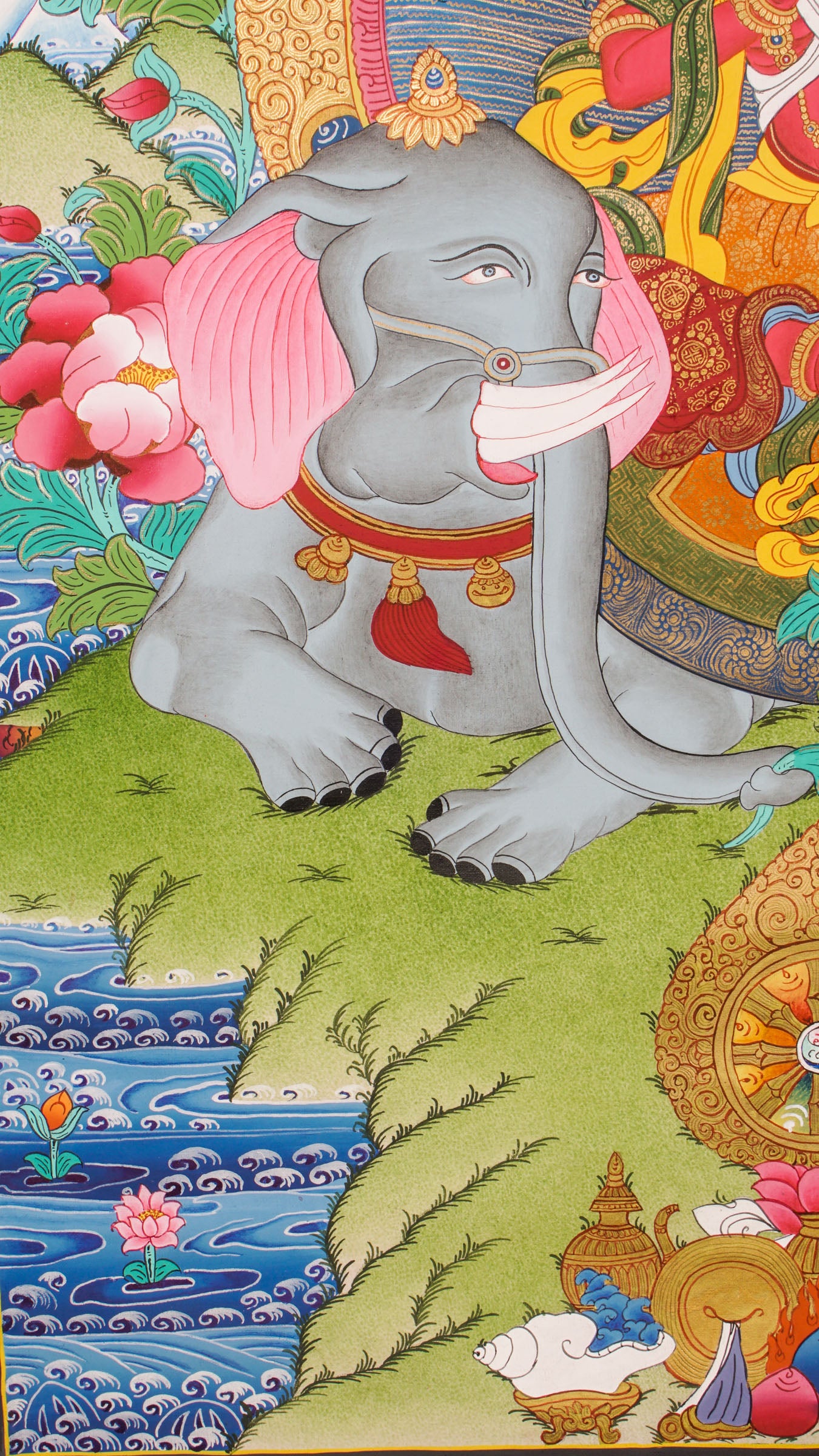 Hand-painted Fusen Fusa thangka showing Bodhisattva seated on elephant with lotus throne, detailed 24k gold ornaments and vibrant floral background.