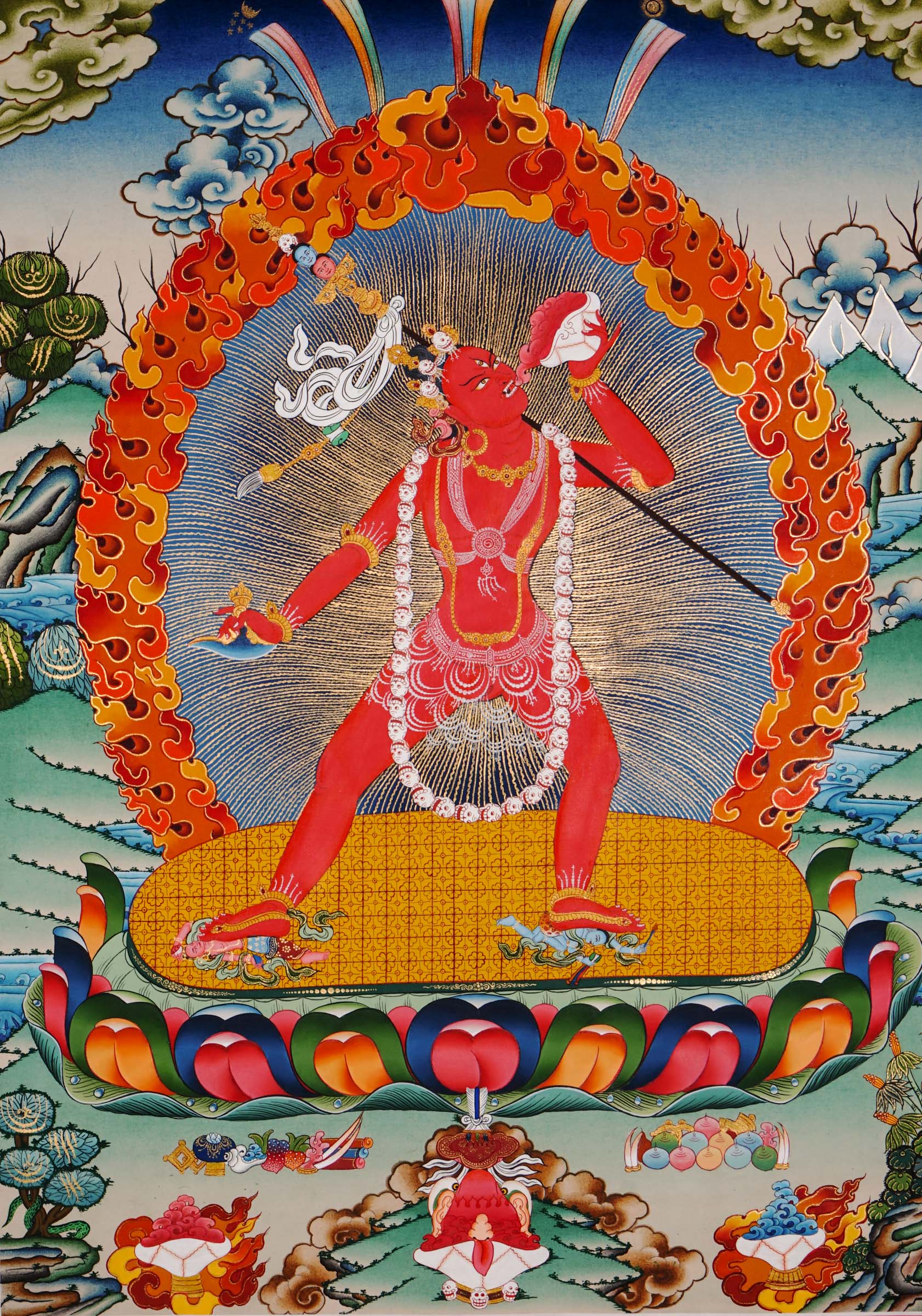 Vajra Yogini Thangka hand-painted in Nepal with 24K gold, showing the deity holding a vajra and kapala on a lotus throne.