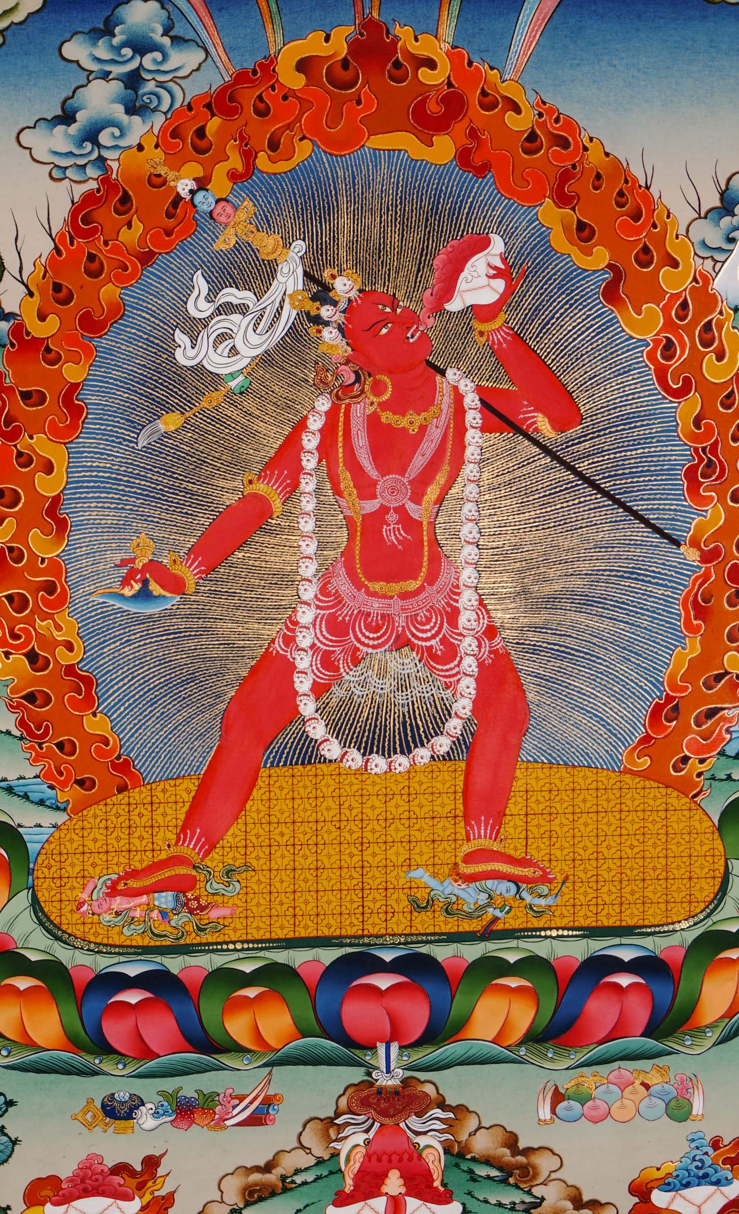 Vajra Yogini Thangka hand-painted in Nepal with 24K gold, showing the deity holding a vajra and kapala on a lotus throne.
