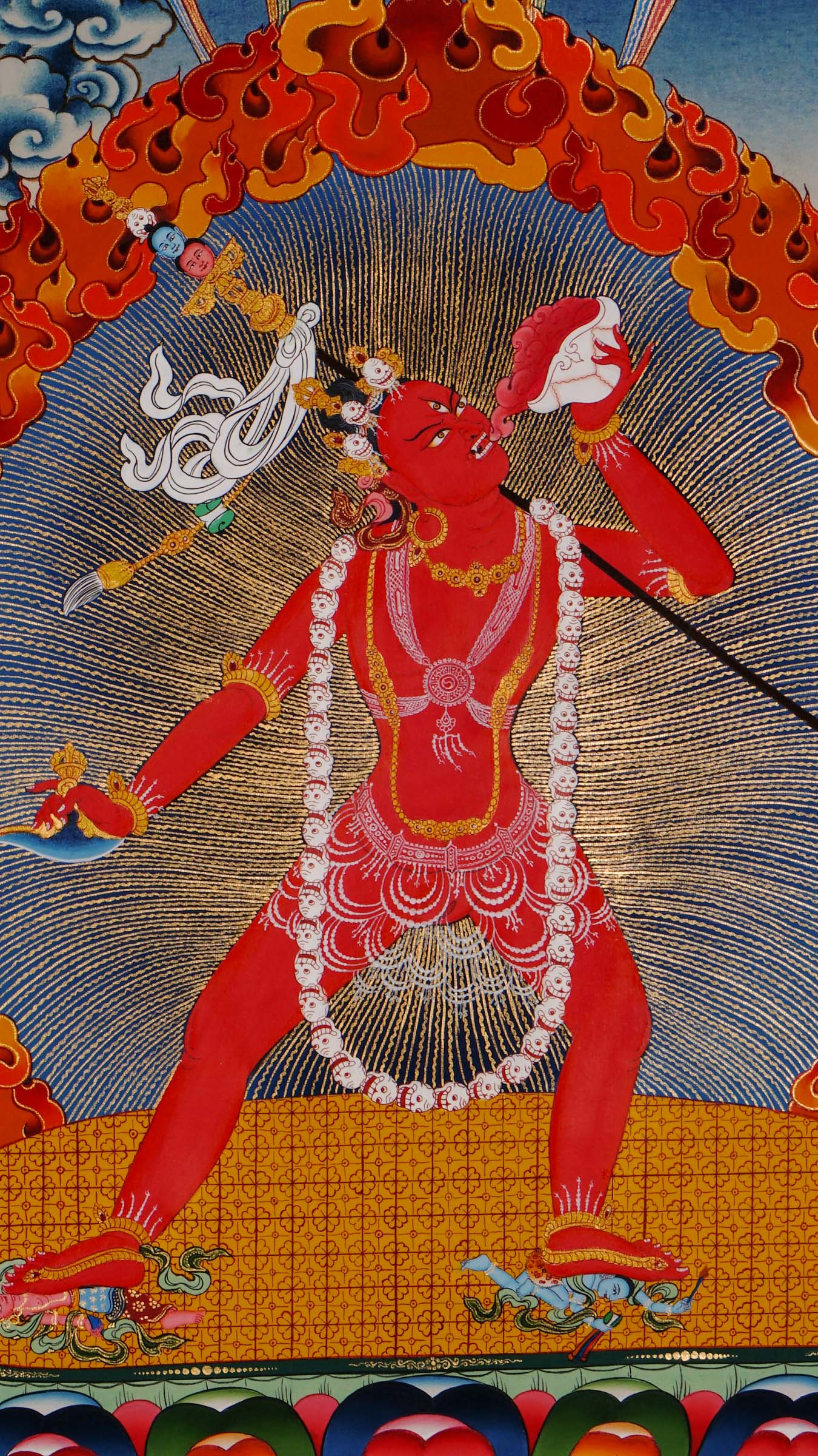 Vajra Yogini Thangka hand-painted in Nepal with 24K gold, showing the deity holding a vajra and kapala on a lotus throne.
