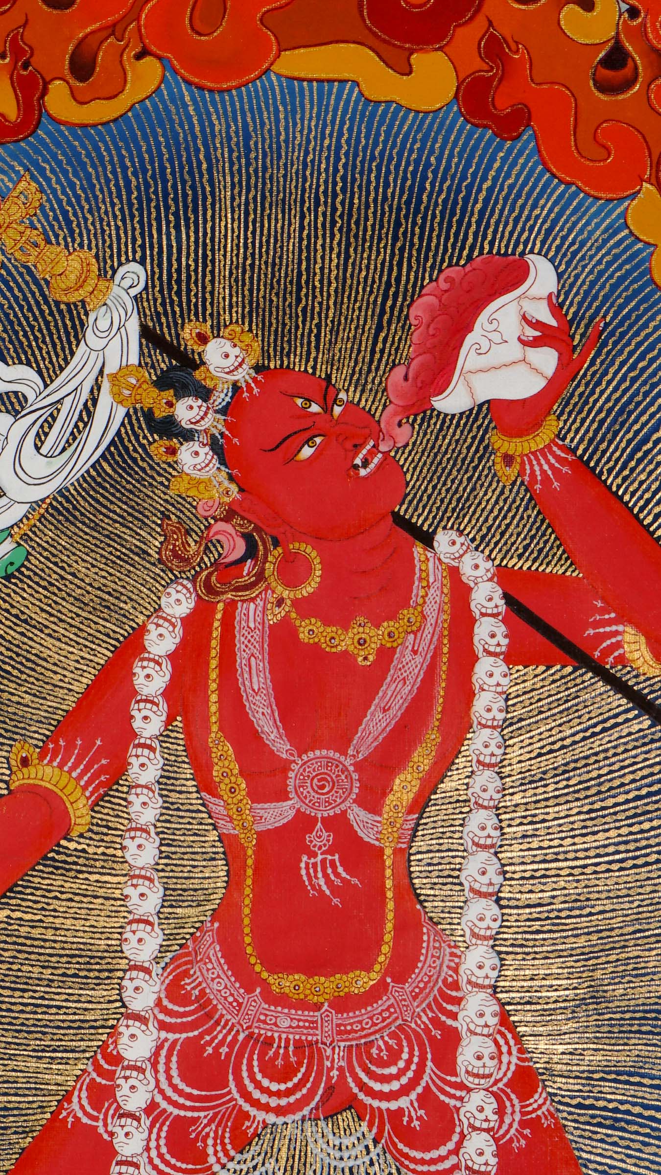Vajra Yogini Thangka hand-painted in Nepal with 24K gold, showing the deity holding a vajra and kapala on a lotus throne.