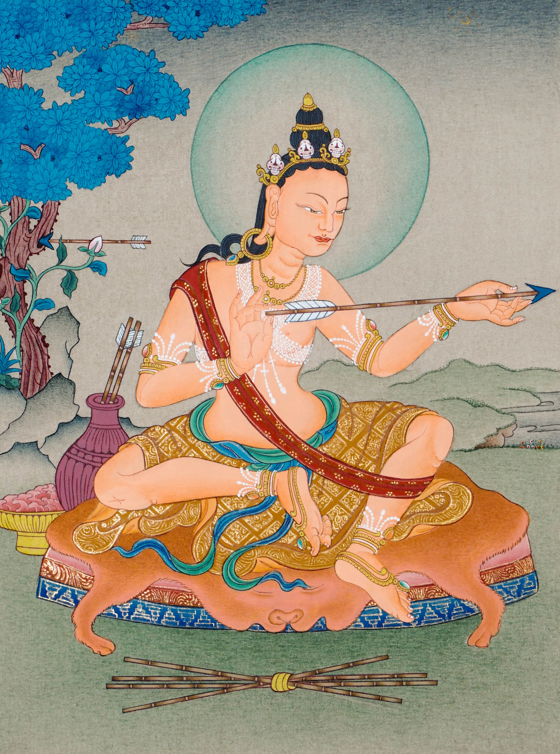 Hand painted thangka of Mahasiddha Saraha seated on a deer skin mat, holding an arrow symbolizing insight, with a quiver beside him and a serene blue tree and landscape in the background.