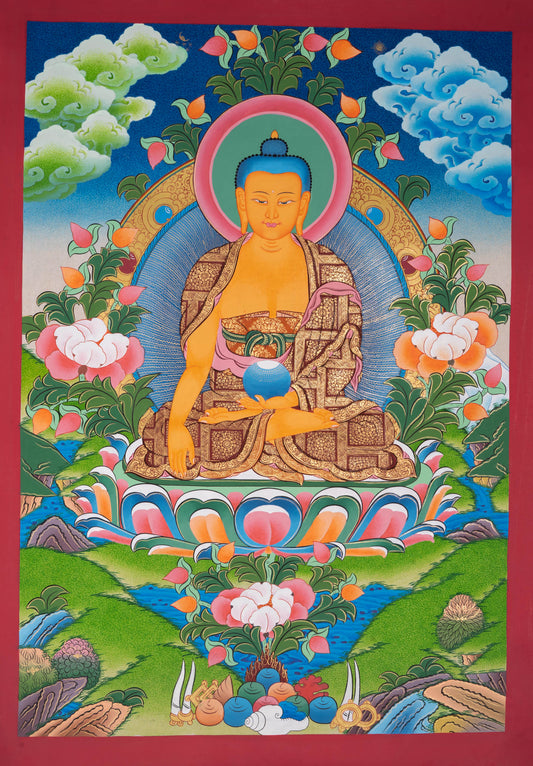 The Thangka artwork of Shakyamuni is perfect for meditation spaces or yoga studios