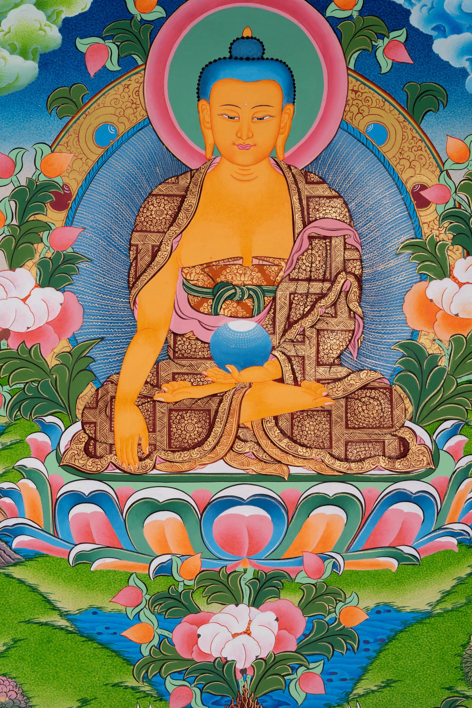 The Thangka artwork of Shakyamuni is perfect for meditation spaces or yoga studios