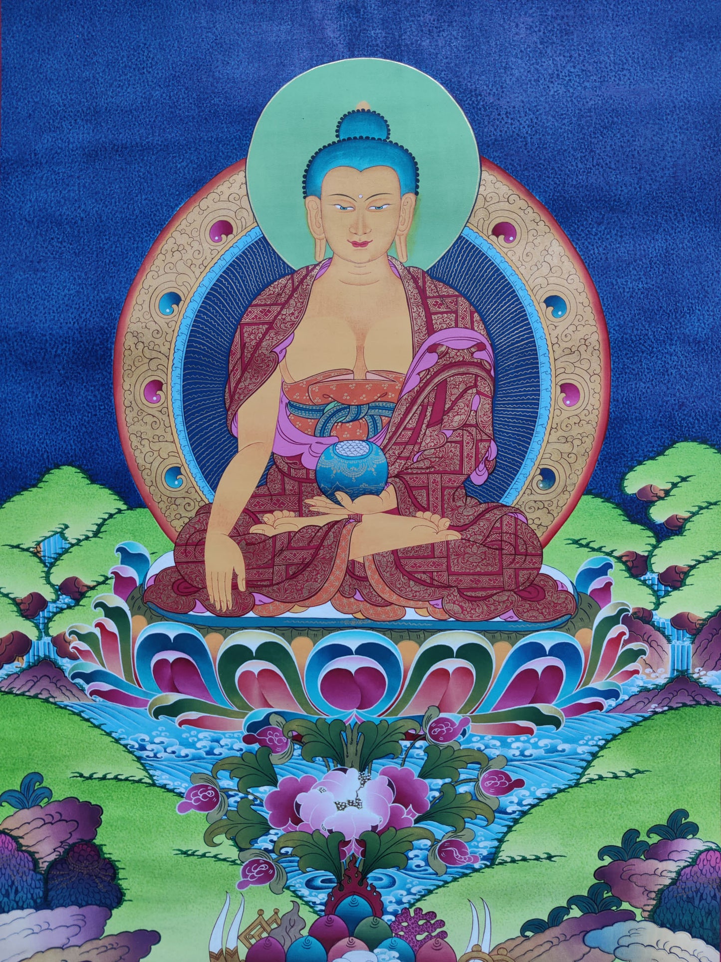 Our Shakyamuni Buddha Thangka showcases exquisite Tibetan craftsmanship and devotion