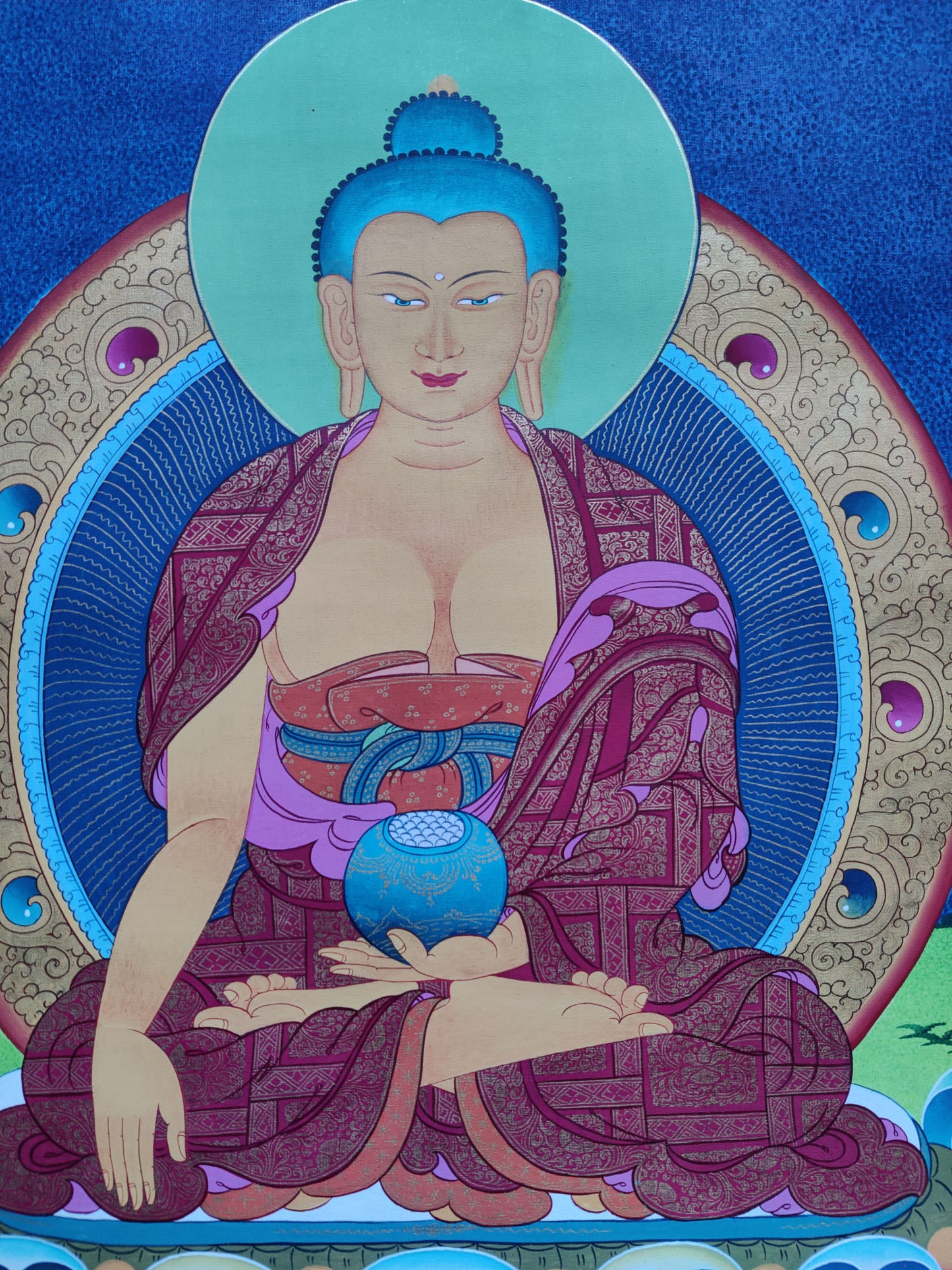 Our Shakyamuni Buddha Thangka showcases exquisite Tibetan craftsmanship and devotion