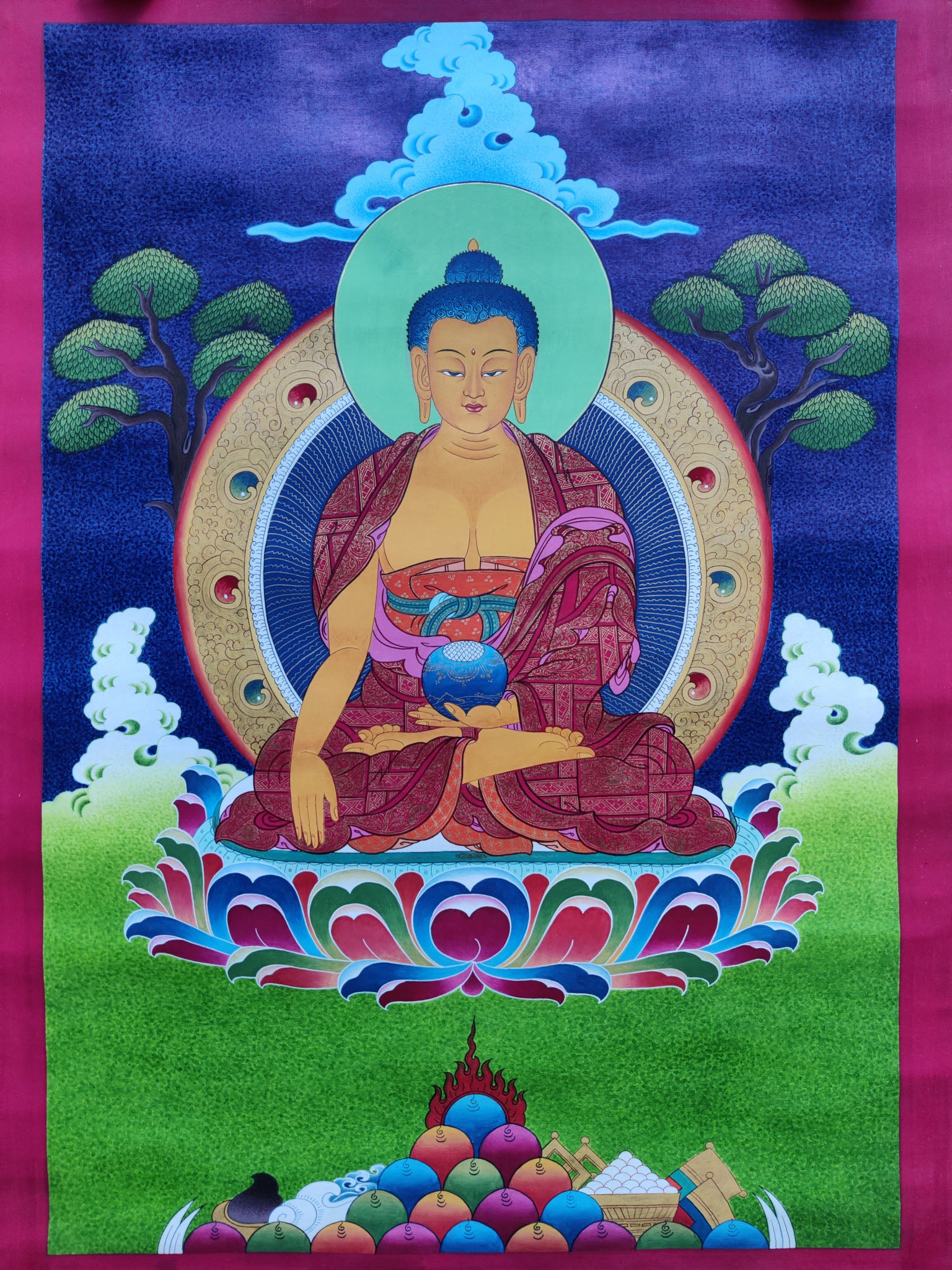 Our Shakyamuni Buddha Thangka showcases exquisite Tibetan craftsmanship and devotion