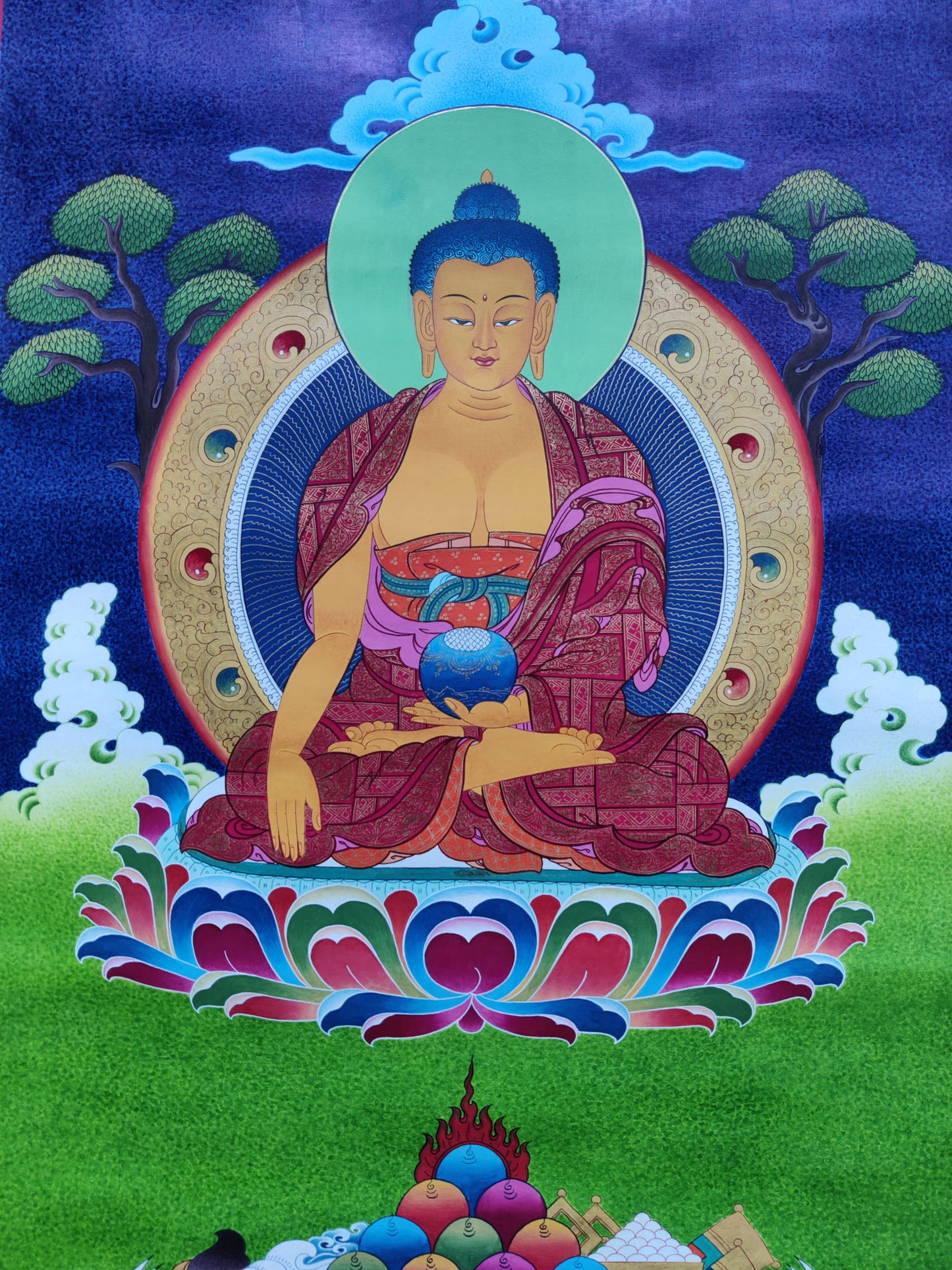 Our Shakyamuni Buddha Thangka showcases exquisite Tibetan craftsmanship and devotion