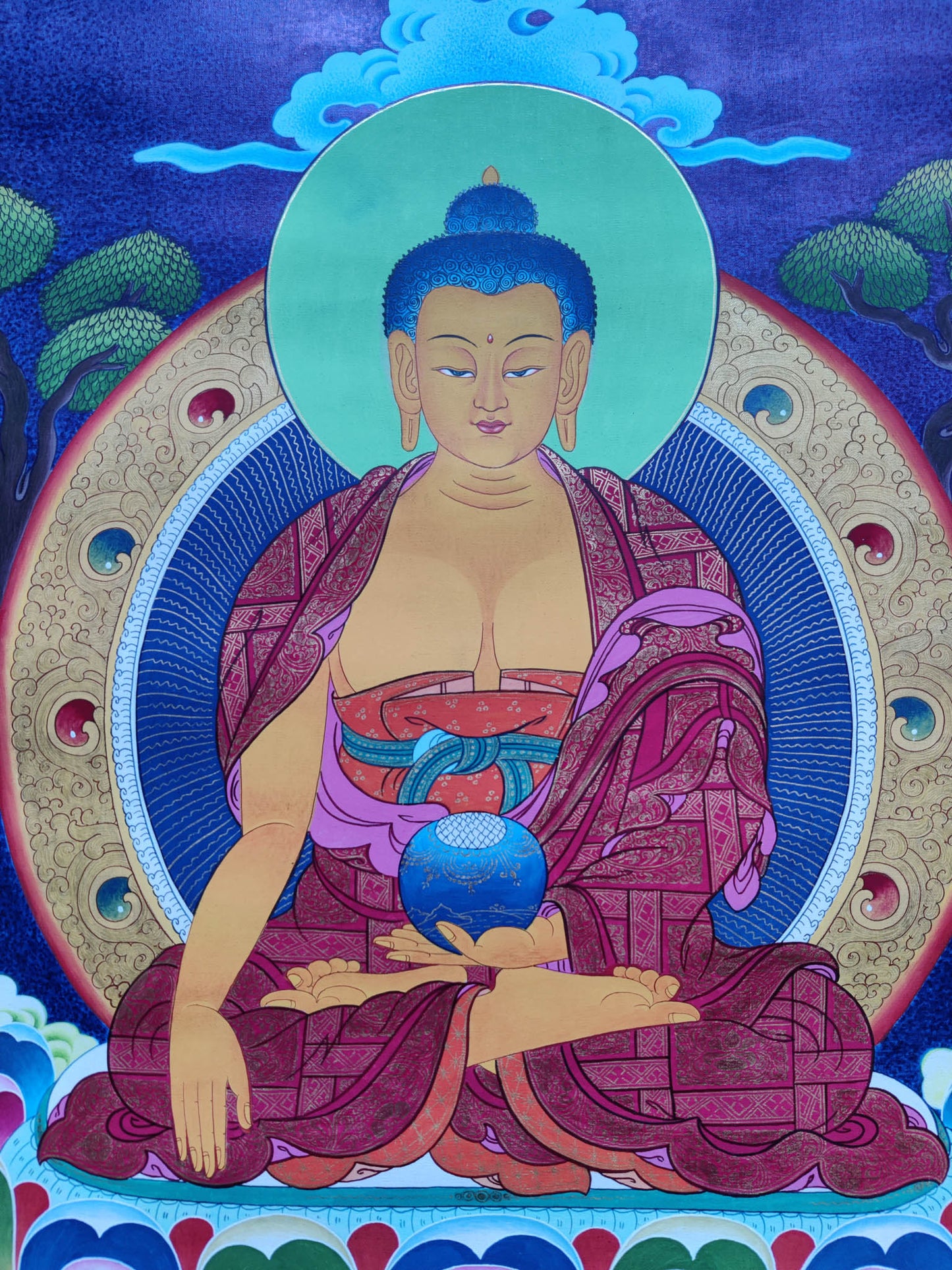 Our Shakyamuni Buddha Thangka showcases exquisite Tibetan craftsmanship and devotion