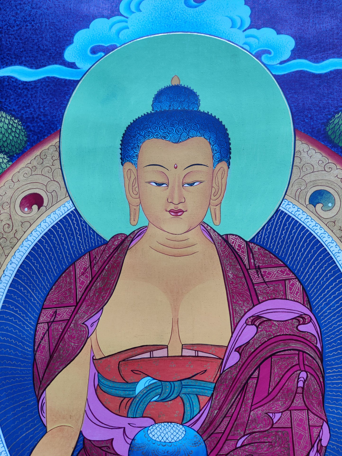 Our Shakyamuni Buddha Thangka showcases exquisite Tibetan craftsmanship and devotion