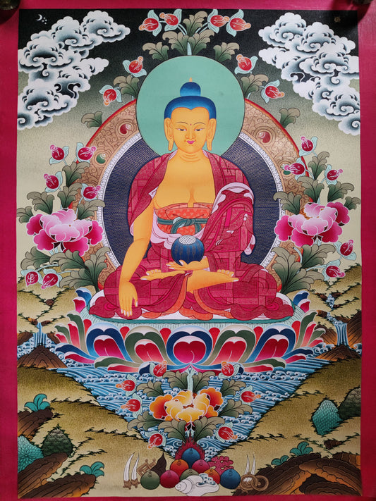 The exquisitely handcrafted Tibetan Thangka Painting displays the beauty of Tibetan artistry and dedication.