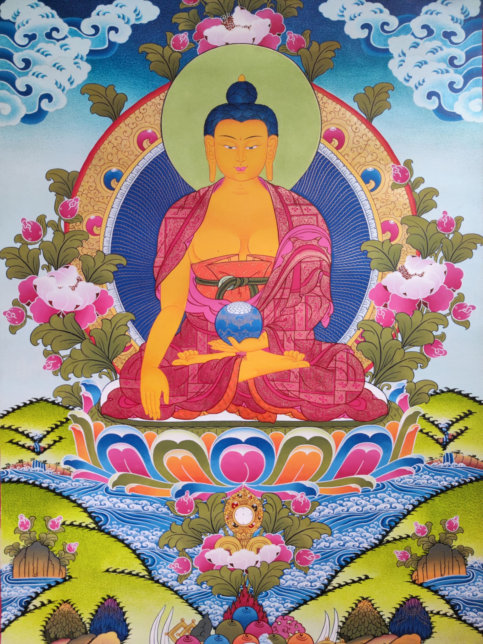 Shakyamuni Buddha Thangka painting for spiritual practices and wall hanging decor