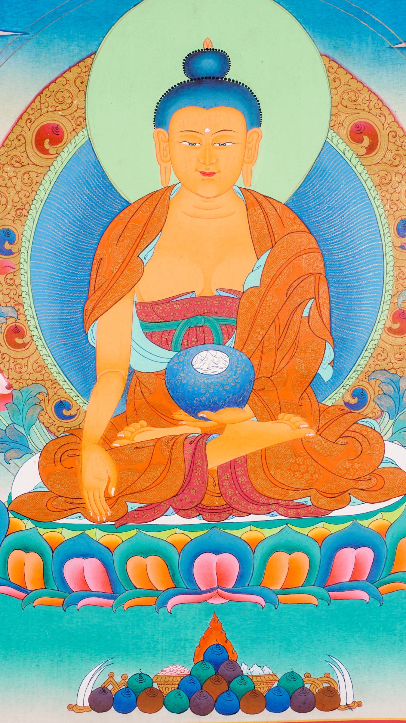 Traditional Tibetan thangka painting depicting Shakyamuni Buddha seated in meditation on a lotus throne, holding an alms bowl, with a radiant halo, clouds, and floral motifs against a serene blue background.