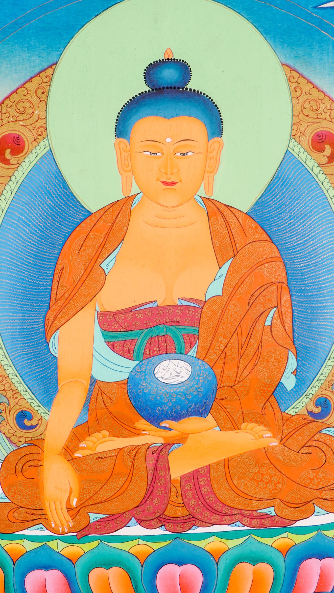 Traditional Tibetan thangka painting depicting Shakyamuni Buddha seated in meditation on a lotus throne, holding an alms bowl, with a radiant halo, clouds, and floral motifs against a serene blue background.