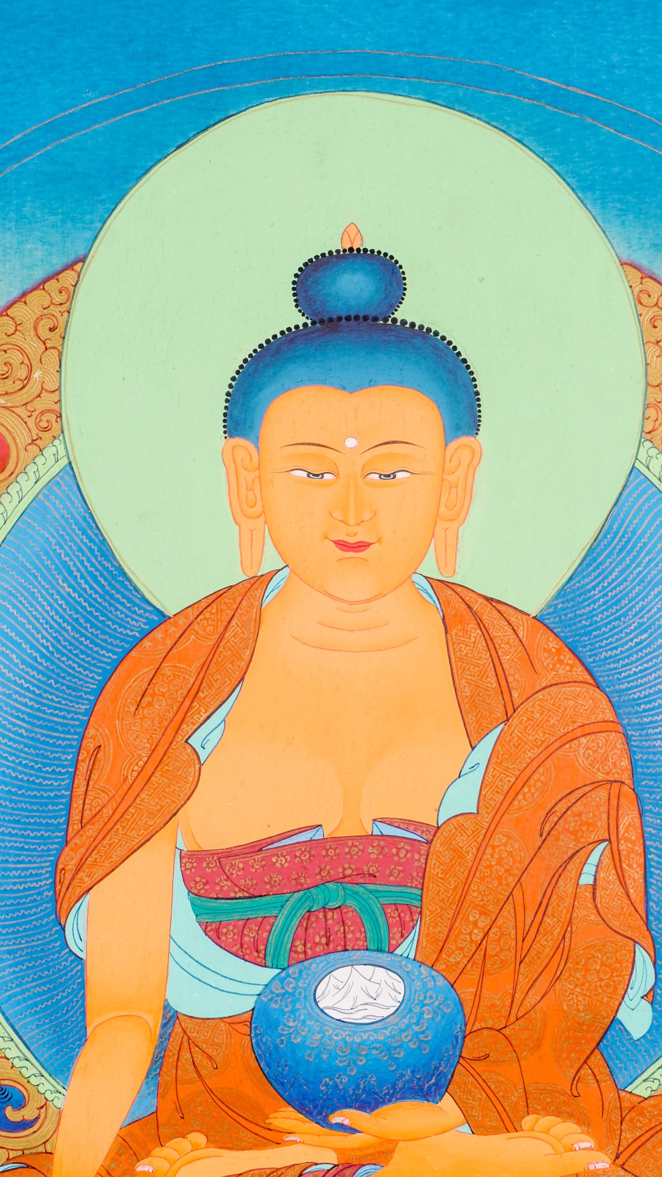 Traditional Tibetan thangka painting depicting Shakyamuni Buddha seated in meditation on a lotus throne, holding an alms bowl, with a radiant halo, clouds, and floral motifs against a serene blue background.