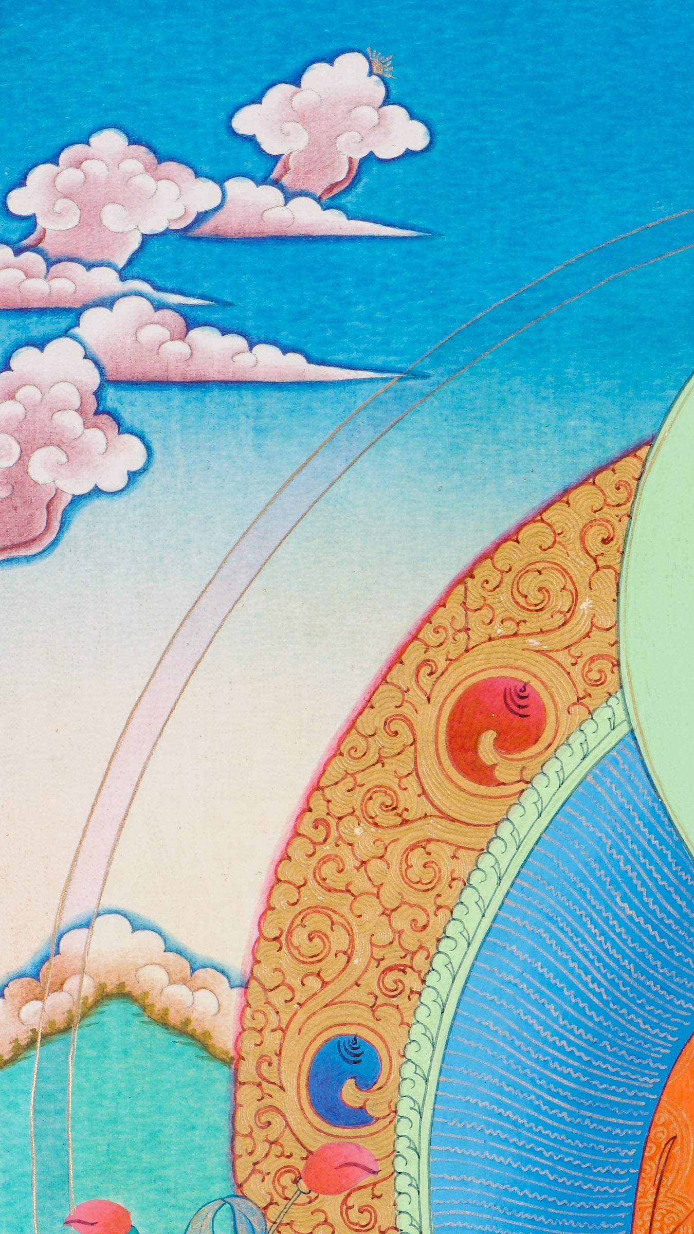 Traditional Tibetan thangka painting depicting Shakyamuni Buddha seated in meditation on a lotus throne, holding an alms bowl, with a radiant halo, clouds, and floral motifs against a serene blue background.
