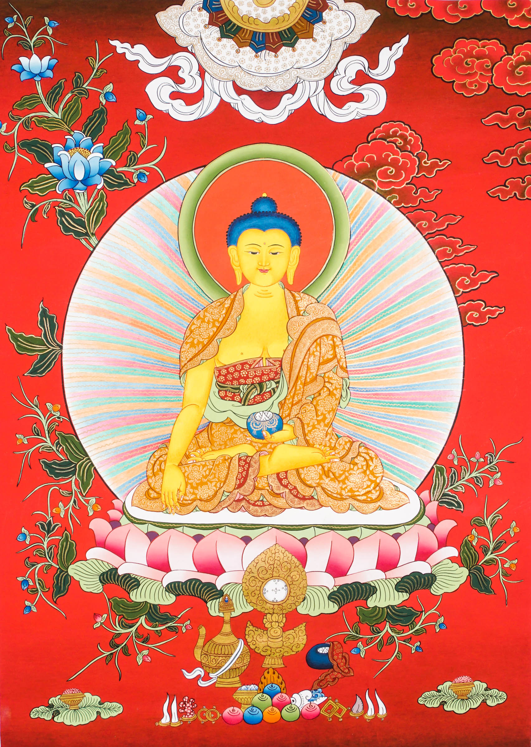 Shakyamuni Buddha Thangka - Shakyamuni Buddha seated peacefully on a lotus throne decorated with intricate floral designs, hand-painted using 24k gold and natural pigments.