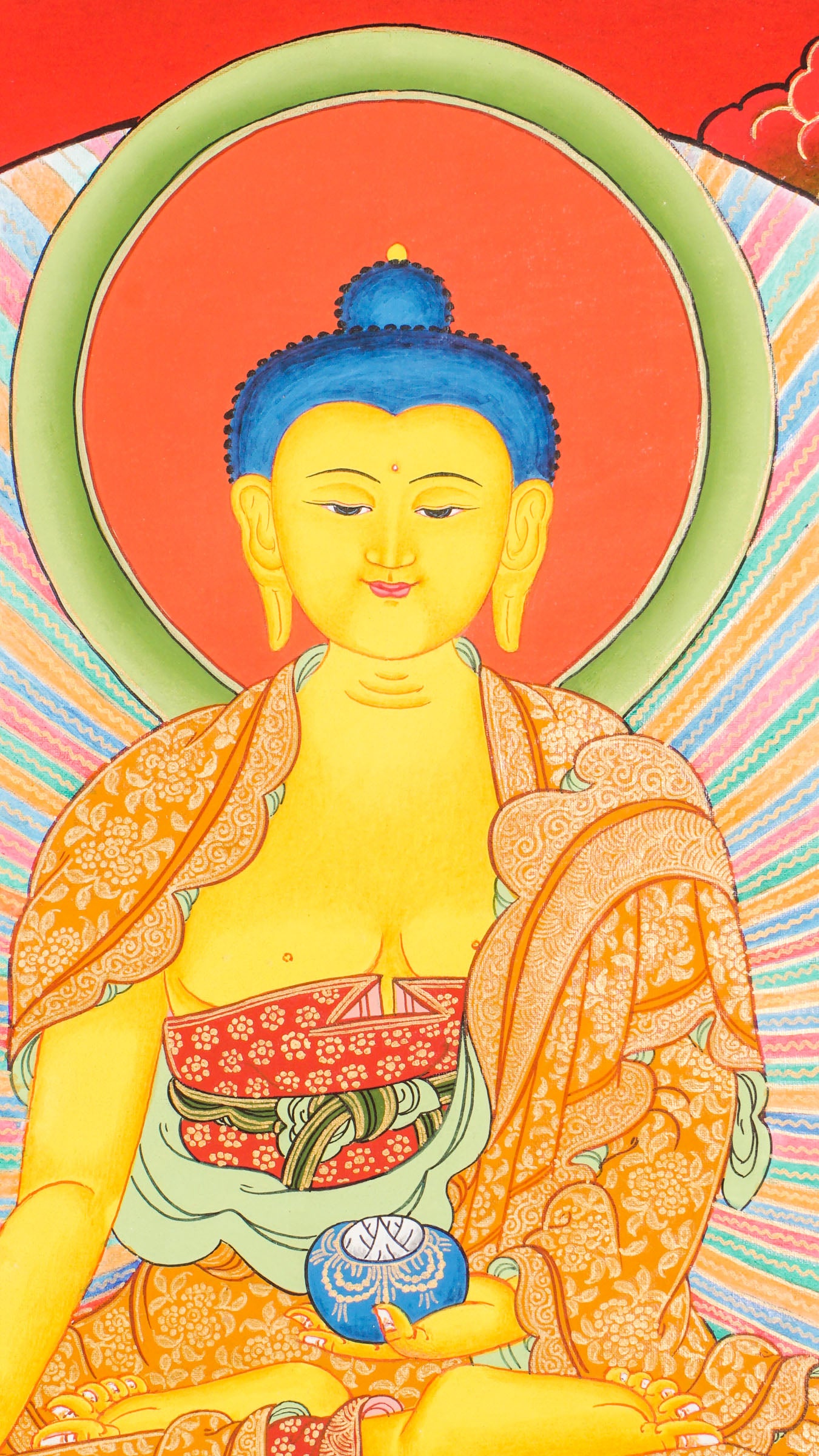 Shakyamuni Buddha Thangka - Shakyamuni Buddha seated peacefully on a lotus throne decorated with intricate floral designs, hand-painted using 24k gold and natural pigments.