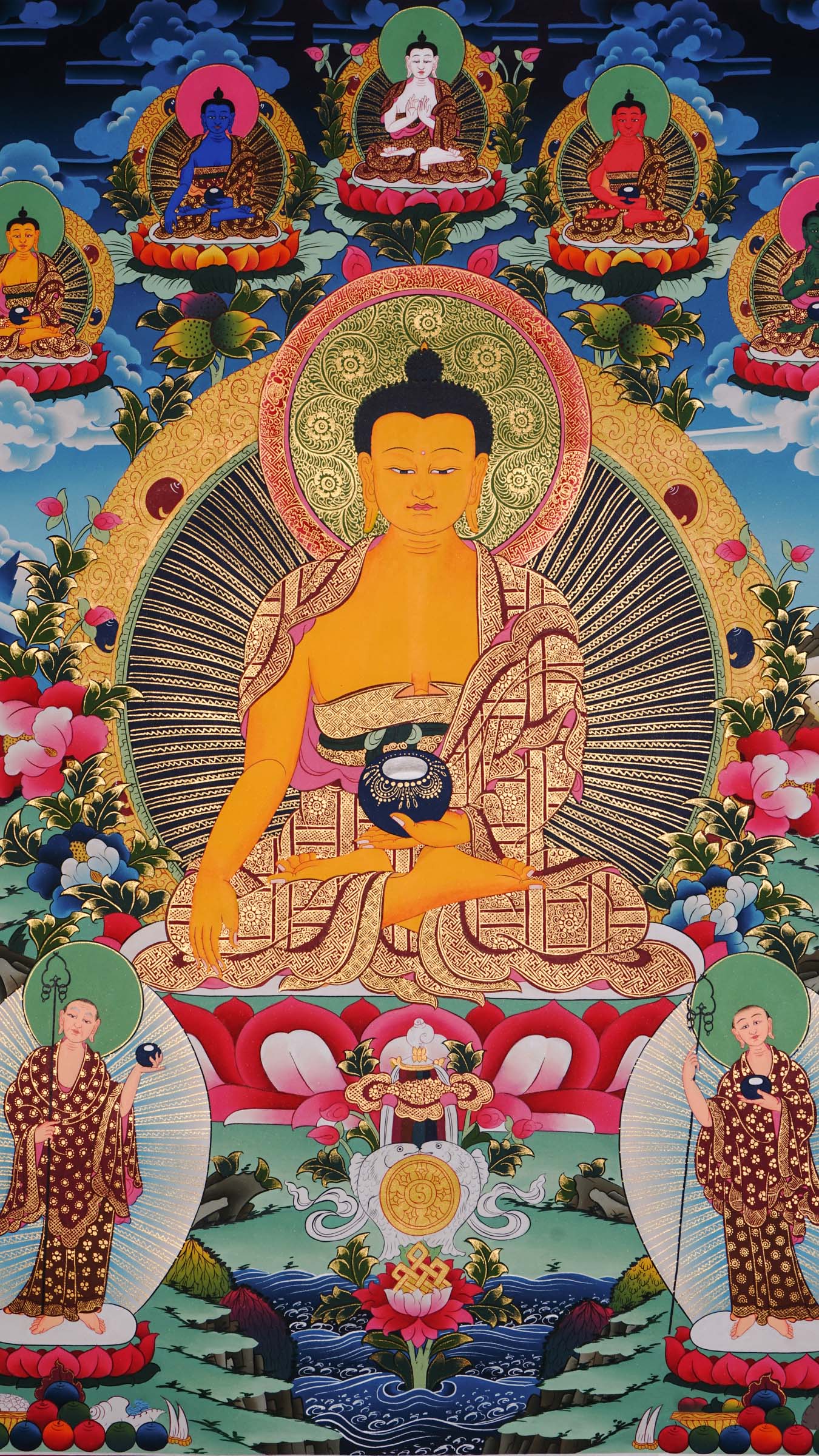 Hand-painted Shakyamuni Buddha thangka from Kathmandu, Nepal, seated on a lotus throne in vajra asana with halo, holding a begging bowl, right hand in Bhumisparsha Mudra, Five Dhyani Buddhas above, and two disciples below, adorned with 24k gold and traditional Tibetan motifs.