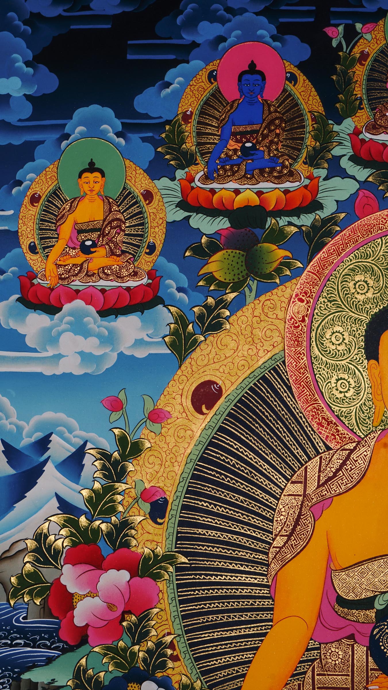 Hand-painted Shakyamuni Buddha thangka from Kathmandu, Nepal, seated on a lotus throne in vajra asana with halo, holding a begging bowl, right hand in Bhumisparsha Mudra, Five Dhyani Buddhas above, and two disciples below, adorned with 24k gold and traditional Tibetan motifs.