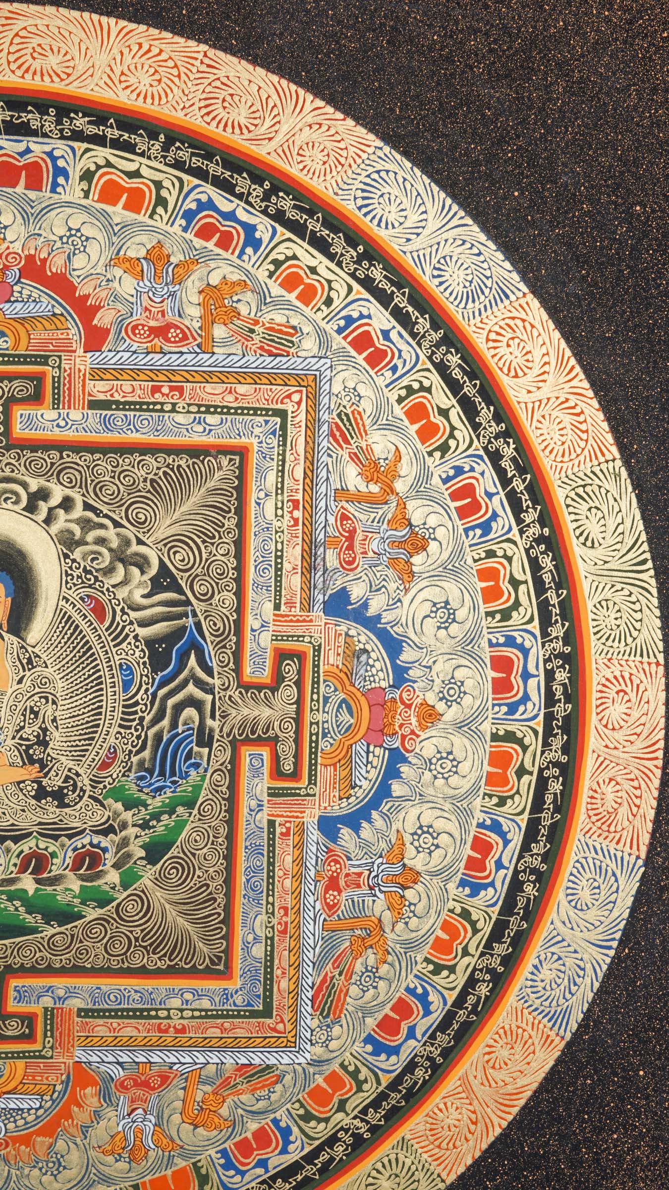 Shakyamuni Buddha Round Mandala Thangka - a sacred circle symbolizing the universe and a pure spiritual space. 