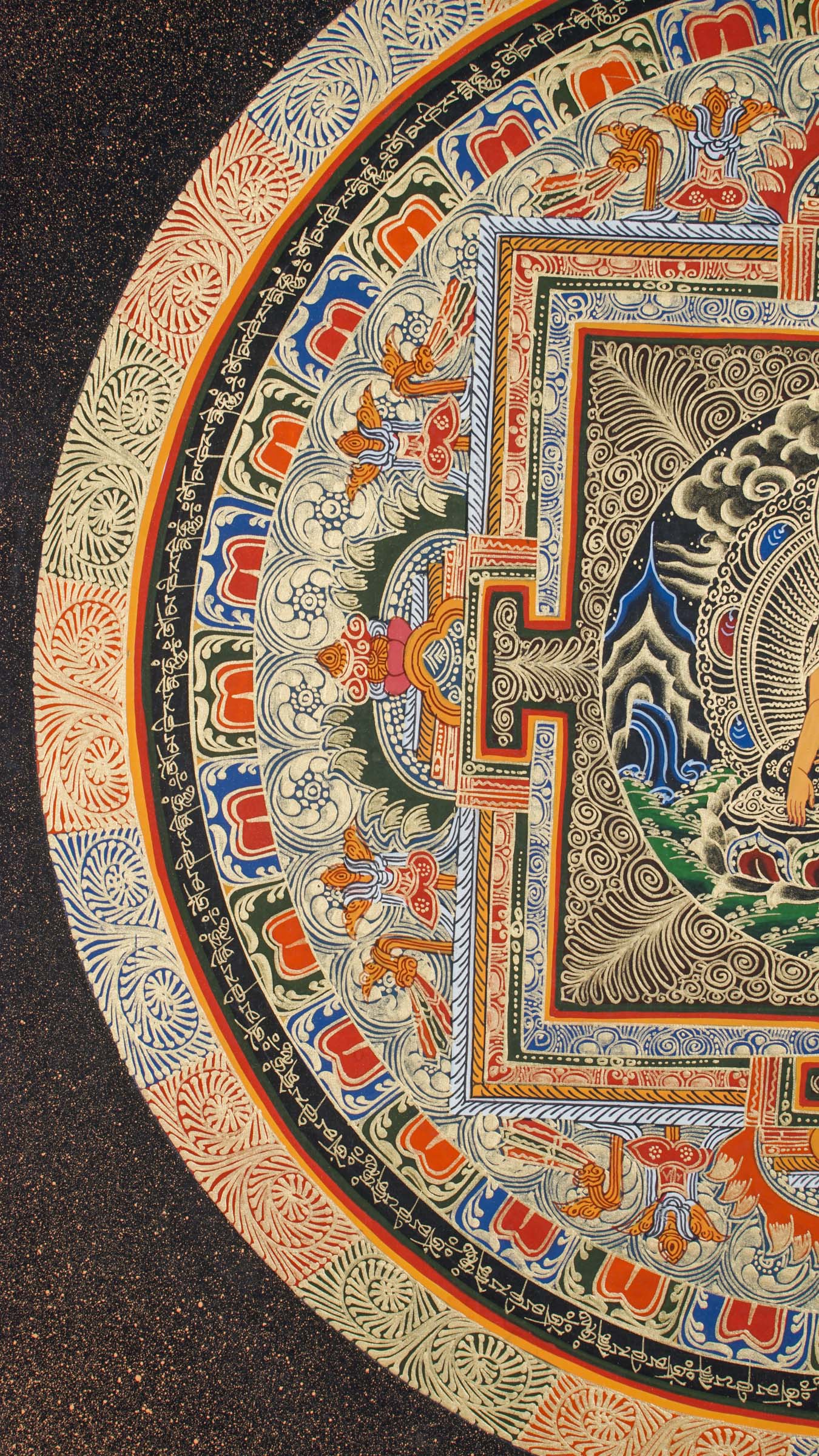 Shakyamuni Buddha Round Mandala Thangka - a sacred circle symbolizing the universe and a pure spiritual space. 
