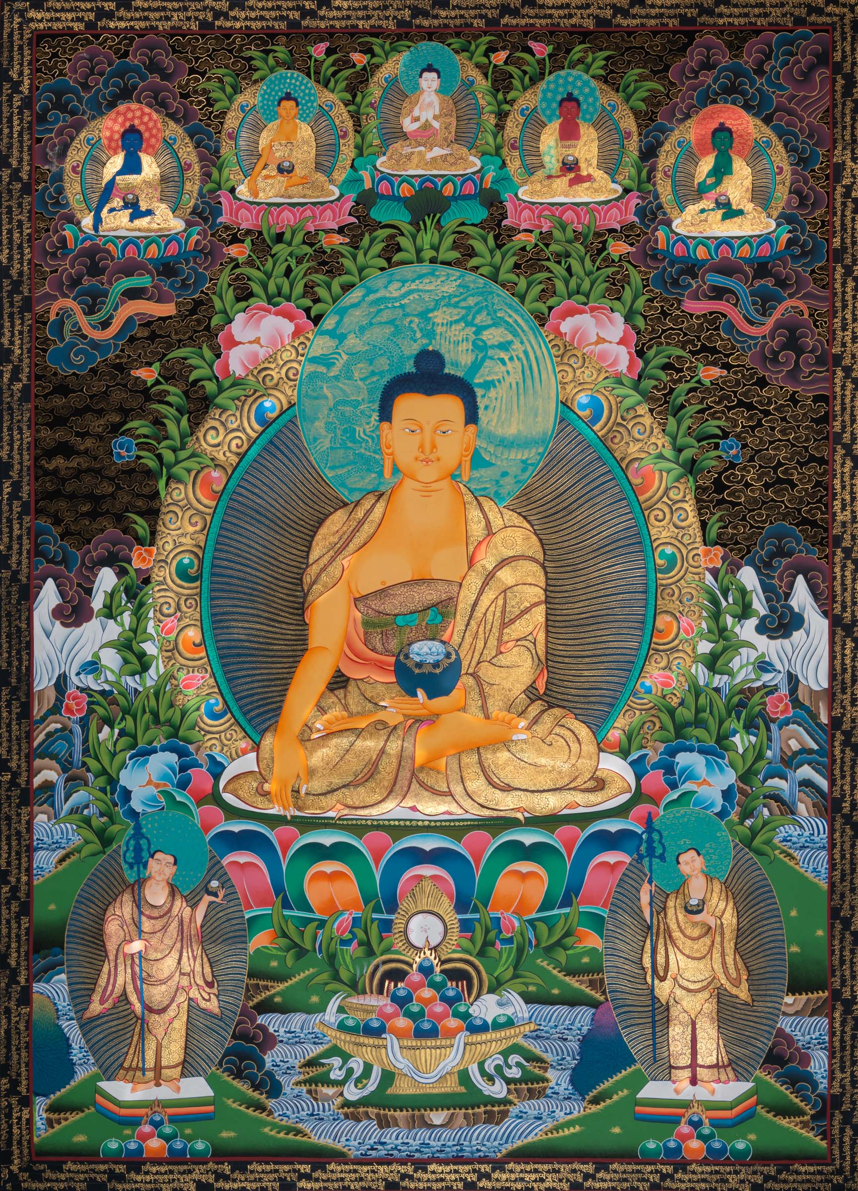 Shakyamuni Buddha Thangka depicting the historical Buddha seated in meditation on a lotus throne, holding an alms bowl, surrounded by attendant figures and celestial Buddhas in traditional hand-painted Tibetan Buddhist art.
