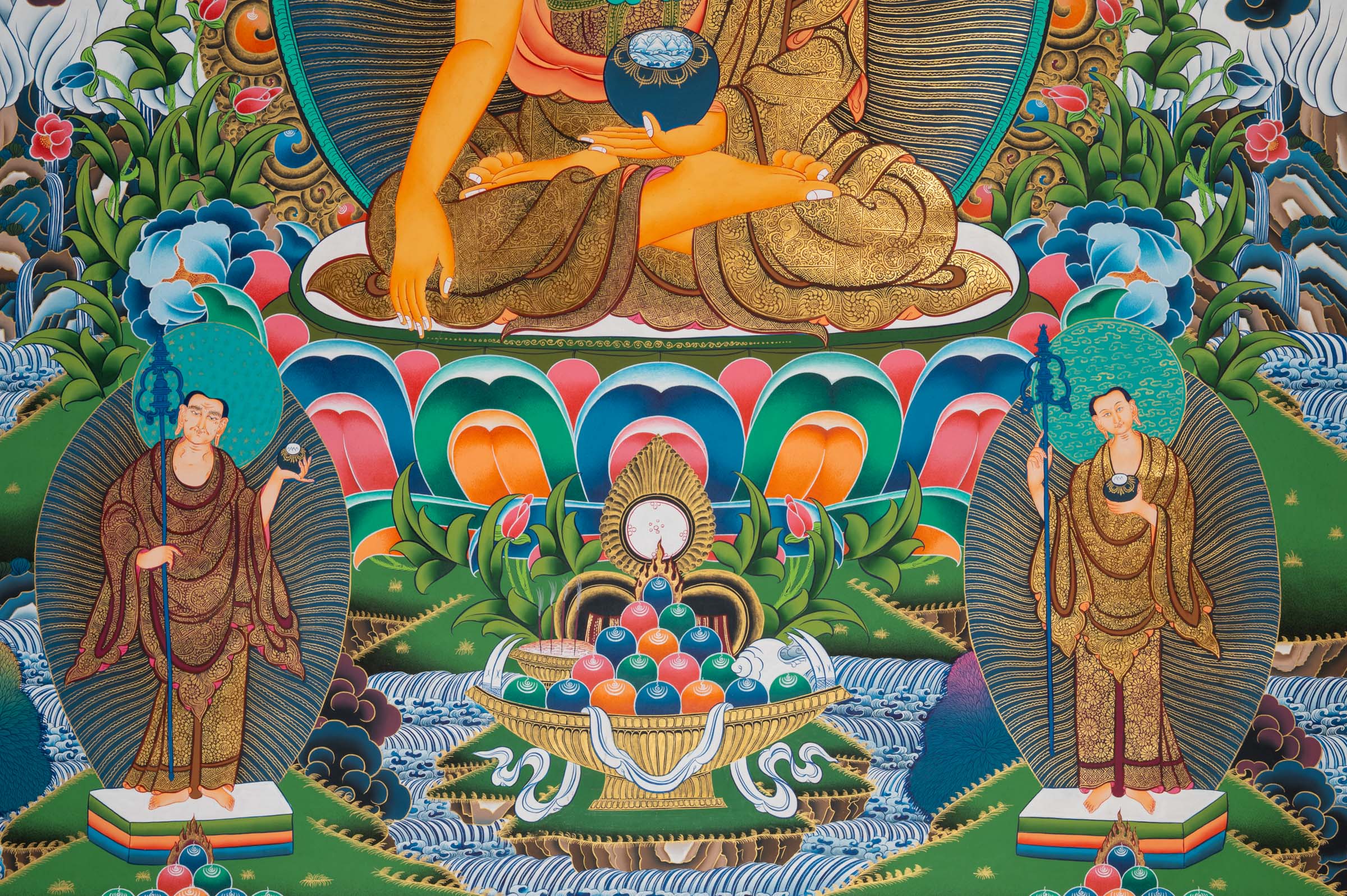 Shakyamuni Buddha Thangka depicting the historical Buddha seated in meditation on a lotus throne, holding an alms bowl, surrounded by attendant figures and celestial Buddhas in traditional hand-painted Tibetan Buddhist art.