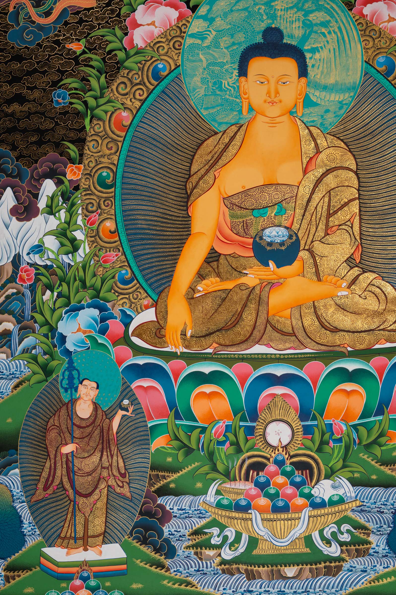 Shakyamuni Buddha Thangka depicting the historical Buddha seated in meditation on a lotus throne, holding an alms bowl, surrounded by attendant figures and celestial Buddhas in traditional hand-painted Tibetan Buddhist art.