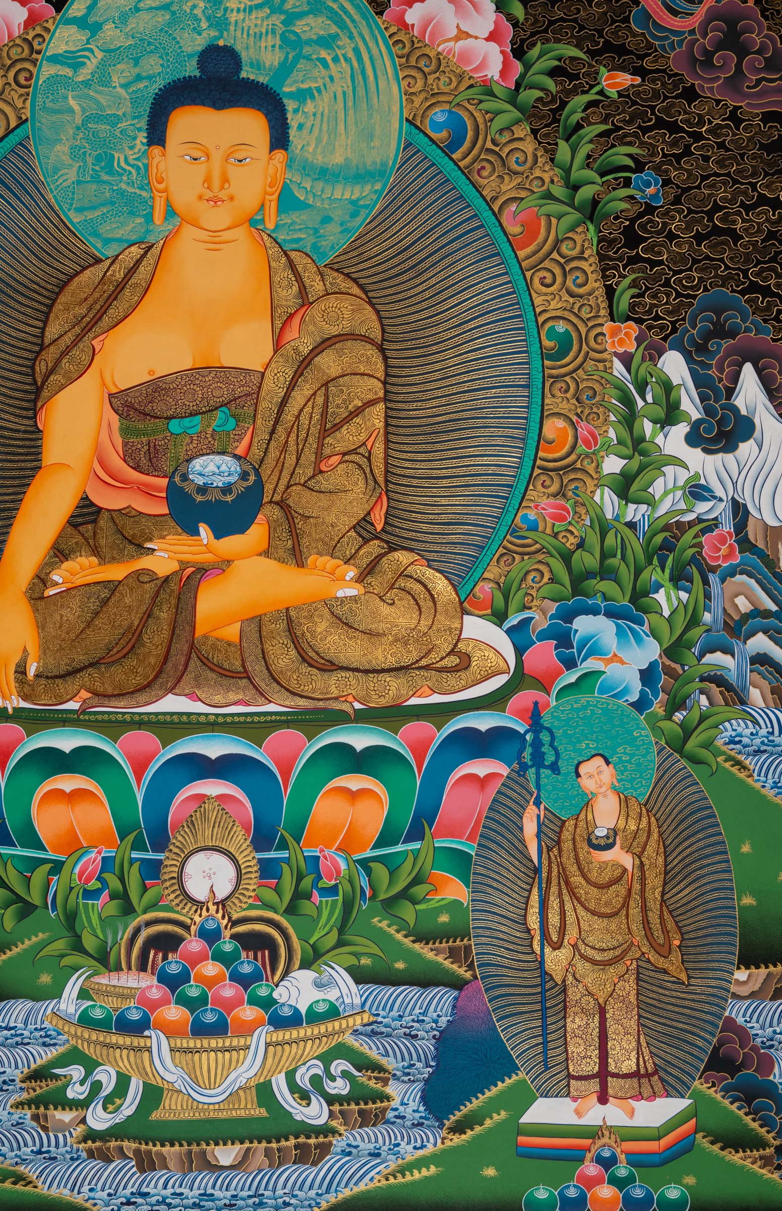 Shakyamuni Buddha Thangka depicting the historical Buddha seated in meditation on a lotus throne, holding an alms bowl, surrounded by attendant figures and celestial Buddhas in traditional hand-painted Tibetan Buddhist art.