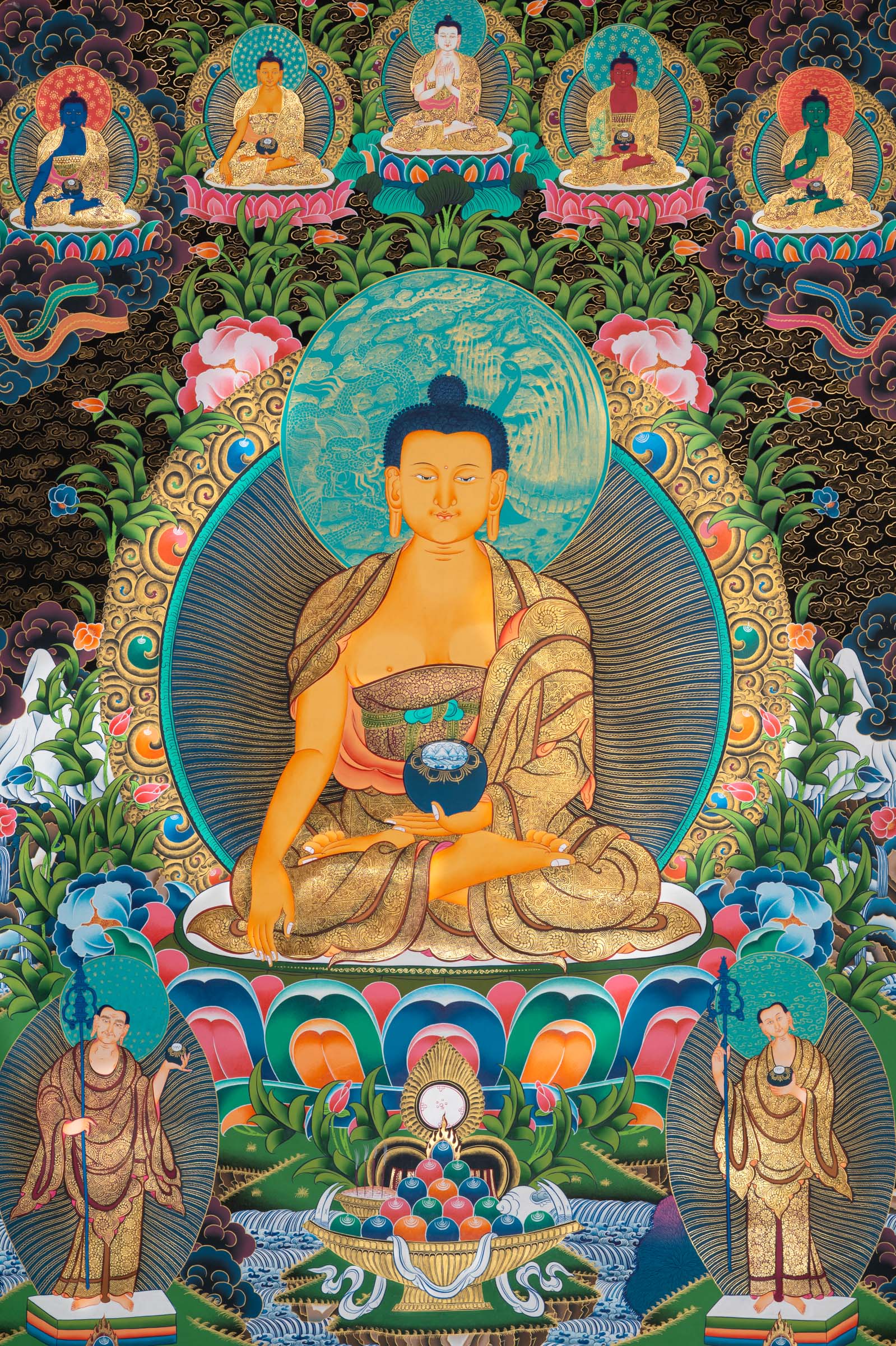 Shakyamuni Buddha Thangka depicting the historical Buddha seated in meditation on a lotus throne, holding an alms bowl, surrounded by attendant figures and celestial Buddhas in traditional hand-painted Tibetan Buddhist art.
