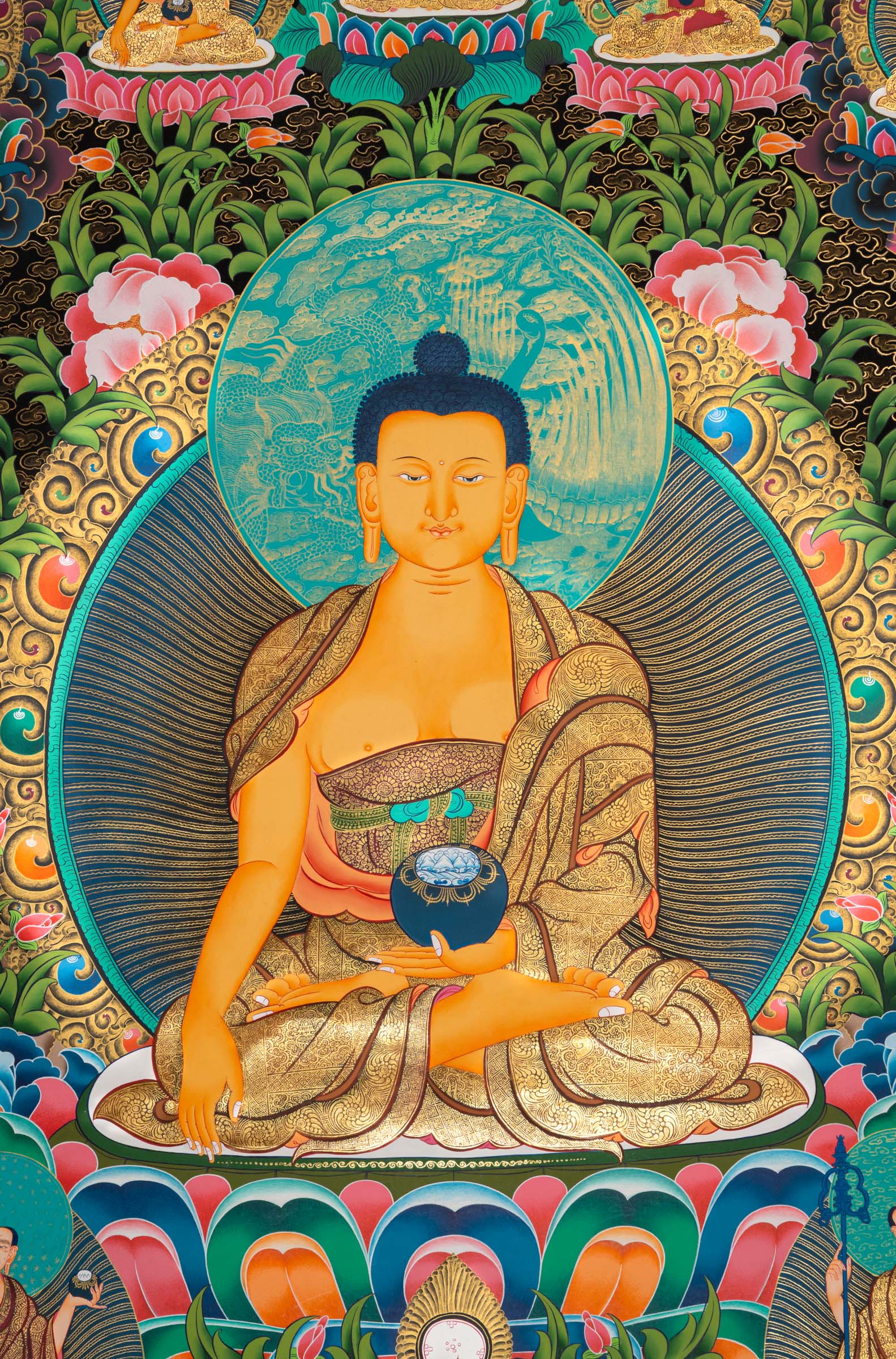 Shakyamuni Buddha Thangka depicting the historical Buddha seated in meditation on a lotus throne, holding an alms bowl, surrounded by attendant figures and celestial Buddhas in traditional hand-painted Tibetan Buddhist art.