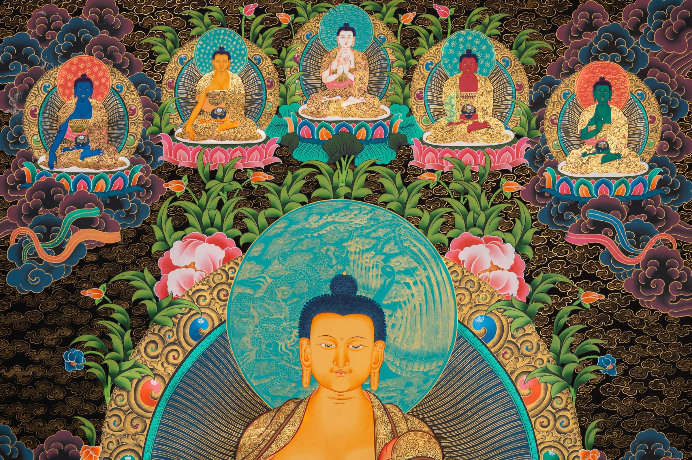 Shakyamuni Buddha Thangka depicting the historical Buddha seated in meditation on a lotus throne, holding an alms bowl, surrounded by attendant figures and celestial Buddhas in traditional hand-painted Tibetan Buddhist art.