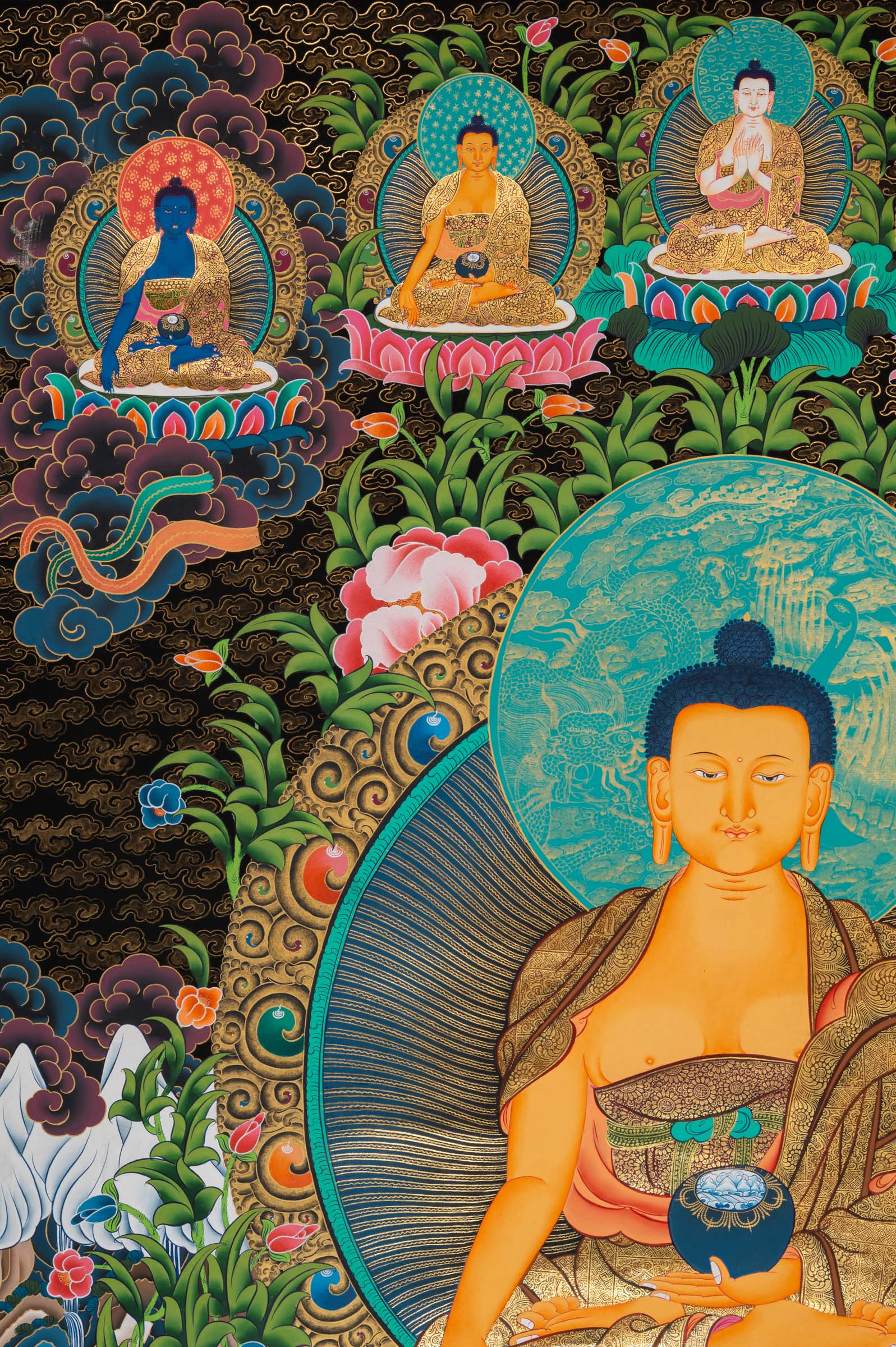 Shakyamuni Buddha Thangka depicting the historical Buddha seated in meditation on a lotus throne, holding an alms bowl, surrounded by attendant figures and celestial Buddhas in traditional hand-painted Tibetan Buddhist art.