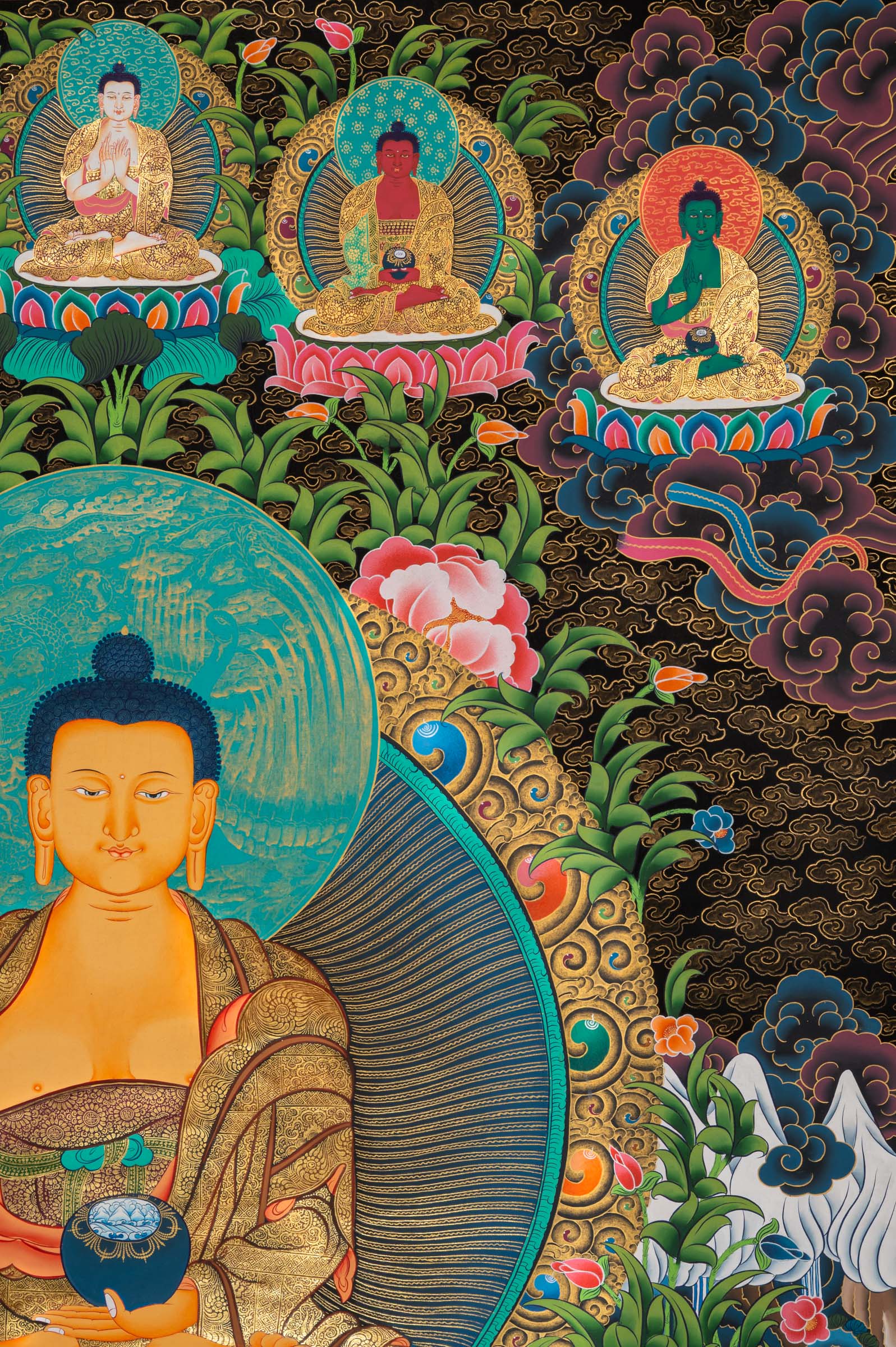 Shakyamuni Buddha Thangka depicting the historical Buddha seated in meditation on a lotus throne, holding an alms bowl, surrounded by attendant figures and celestial Buddhas in traditional hand-painted Tibetan Buddhist art.